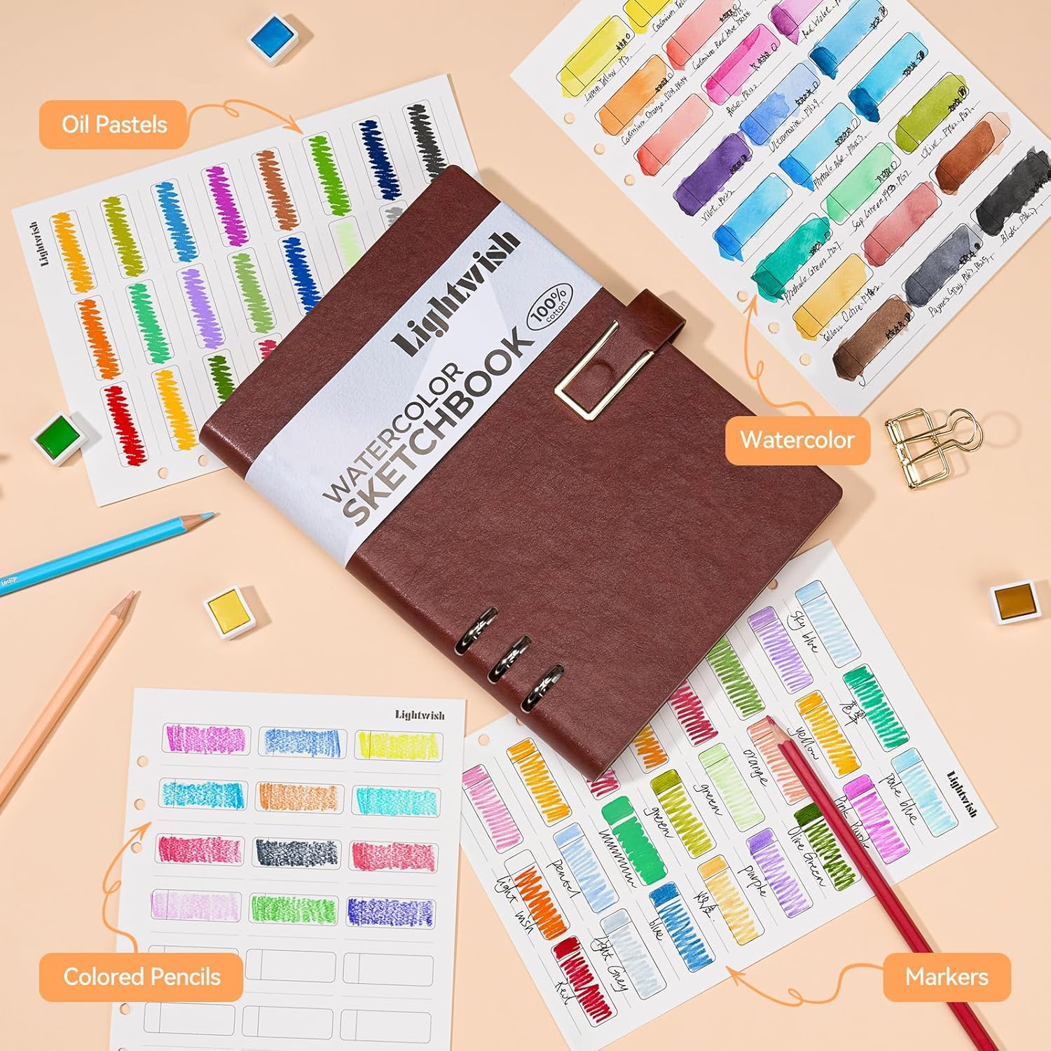 LIGHTWISH Watercolor Swatch Book - 20 Detachable 100% Cotton Sheets 24 Spaces,5.5 * 7.8 In,300Gsm/140Lb Hot Press for Watercolor, Gouache, Oil Pastels - Spiral-Bound Color Testing Journal image number 2