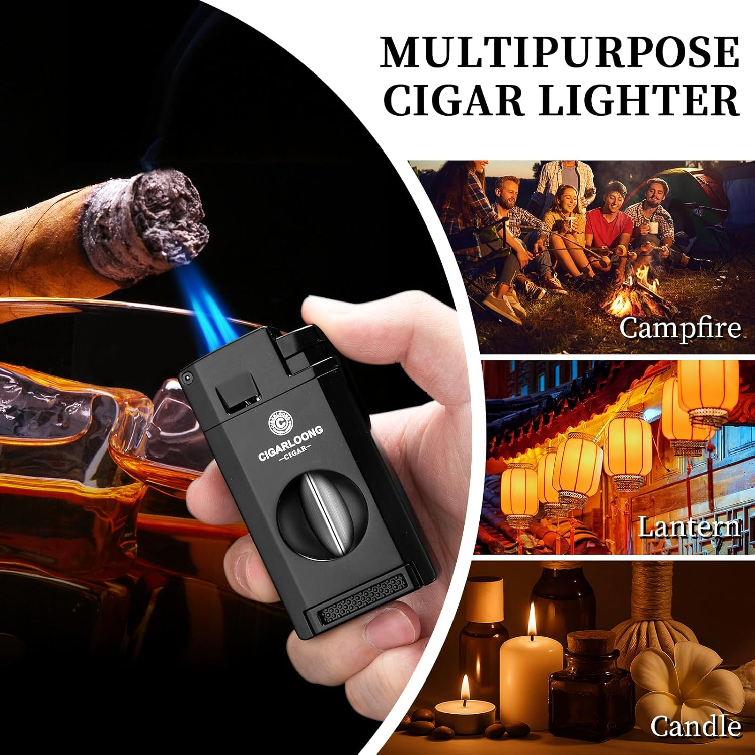 Cigar Lighter with Twin Jet Flame, Storm Lighter, Refillable Gas, Lighter with Cigar Punch and Cigar Holder & V Cut Cigar Cutter, Gift Box, without Gas(Black) image number 6