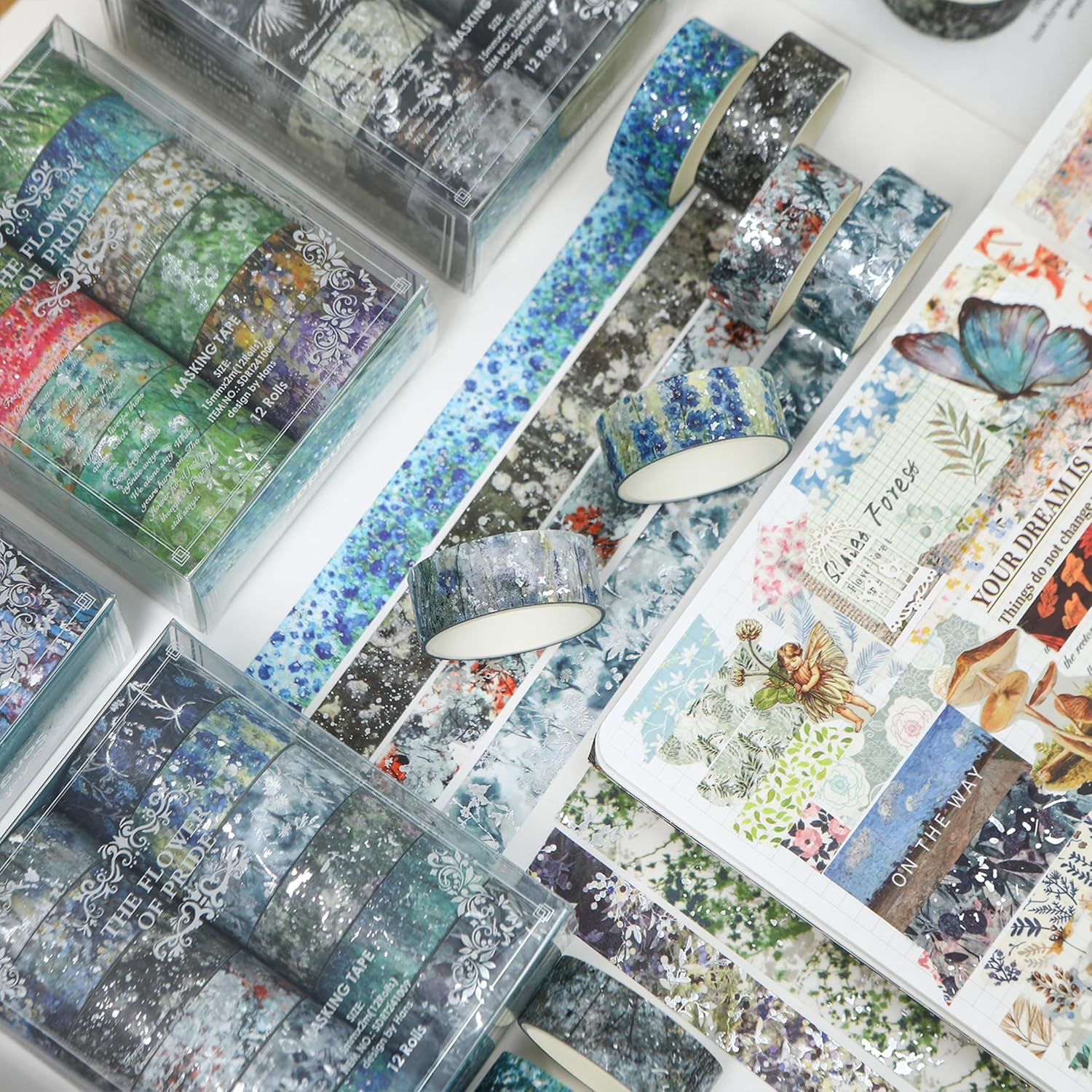 Songdao 12 Rolls Flowers Washi Tape Set Floral Arts Adhesive Tapes Splast Silver Decorative Masking Tape Sets for Craft, Kids, Scrapbook, DIY, Gift Wrapping (Verdant Glow) image number 6