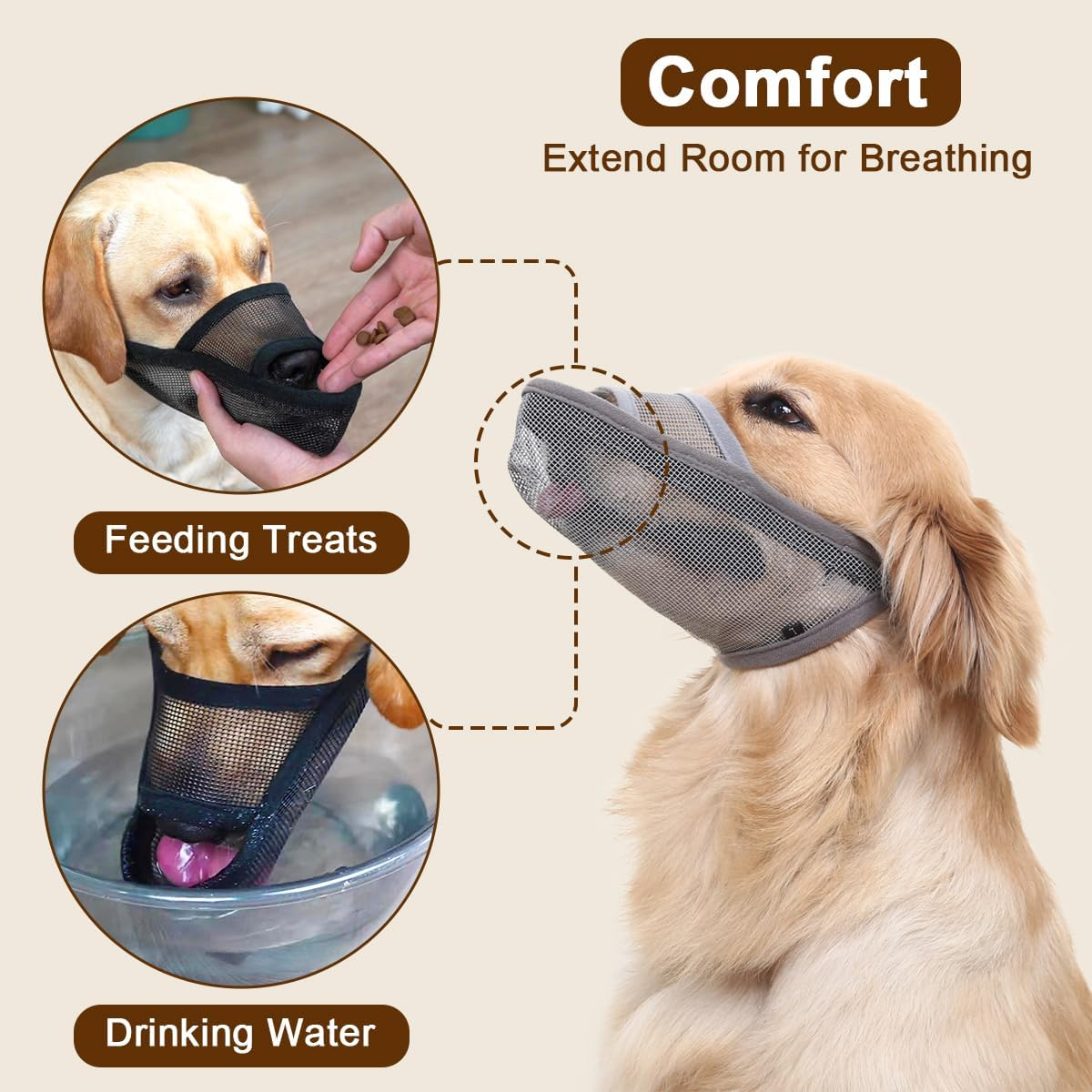 Nylon Muzzle for Small Medium Large Dogs, Breathable and Drinkable Muzzle for Barking and Anti-Barking (Grey, L)