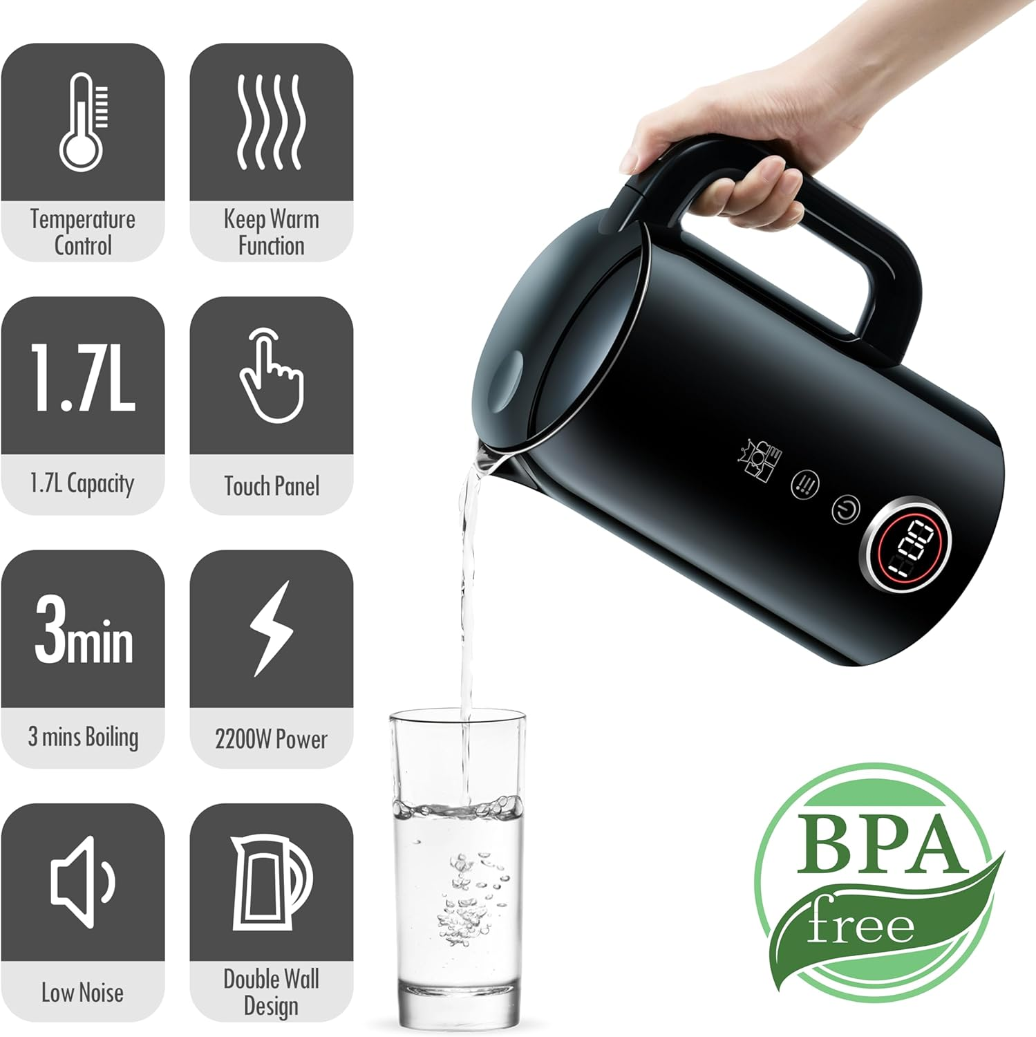Forme Stainless Steel Kettle 1.7 L Temperature Selection 40-100 &deg;C I LED Digital Temperature Display 7 Colours LED Lighting I Teapot Tea Kettle I Keep Warm Function I BPA Free image number 2