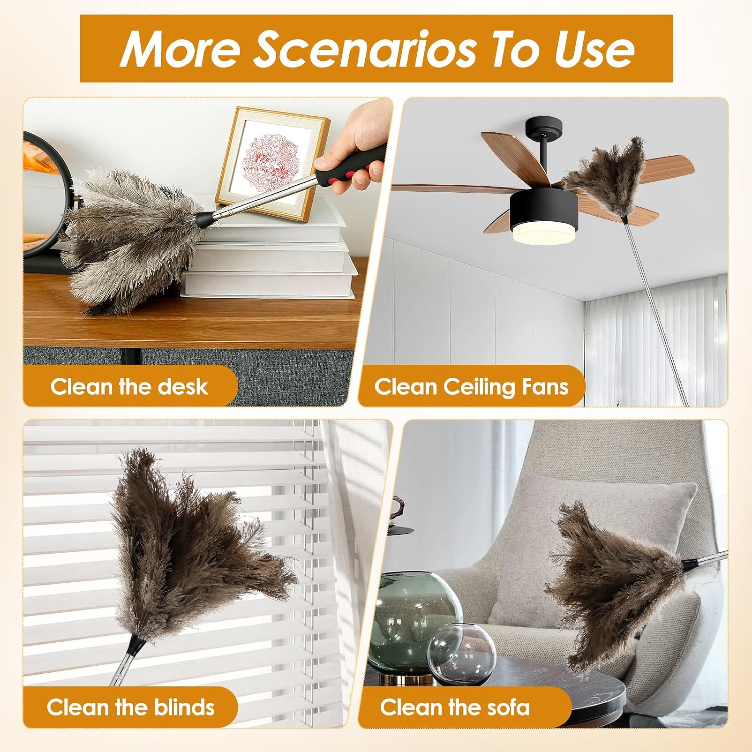 Extendable Feather Duster with Long Handle, Efficient Feather Cleaner Fluffy Ostrich Duster Tool for Cleaning Ceiling Fan Blinds Furniture image number 6