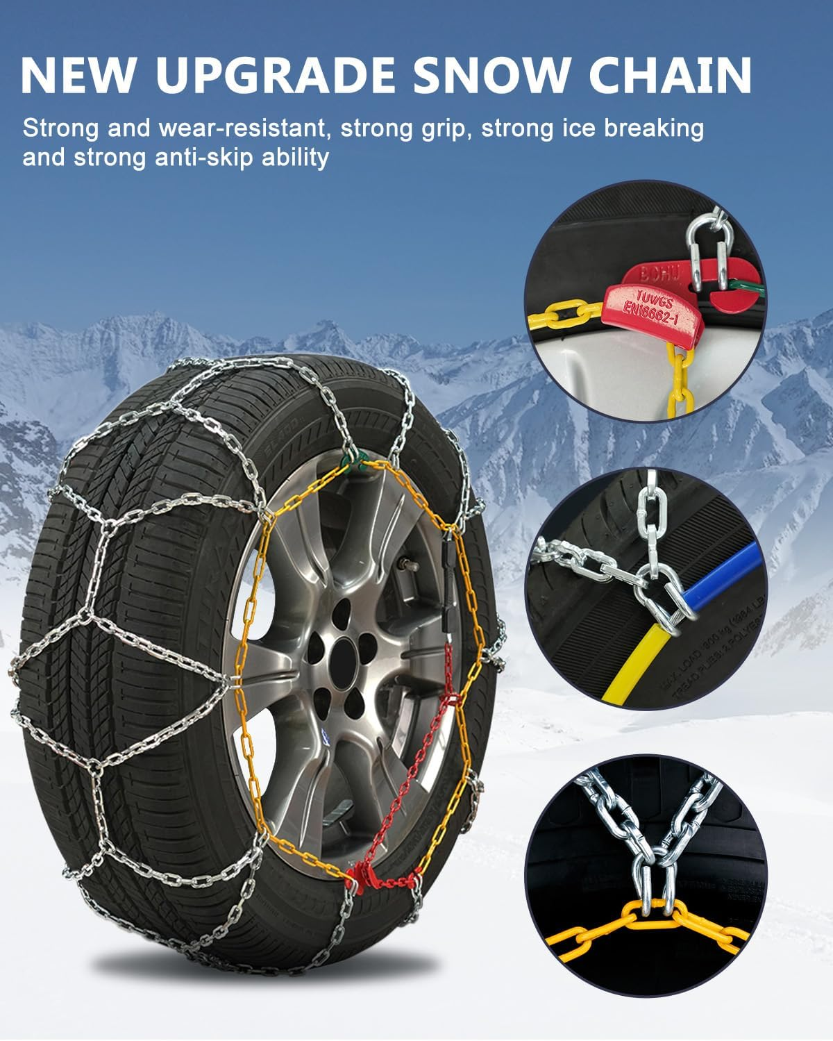 SCITOO KN110 Snow Chains Quick Easy Installation,Tire Traction Chain for Car Pickup Trucks Suv,Adjustable Universal Emergency Thickening Tire Chains Width 215 225 235 245(15" 16" 17" 18")- Set of 2 image number 3