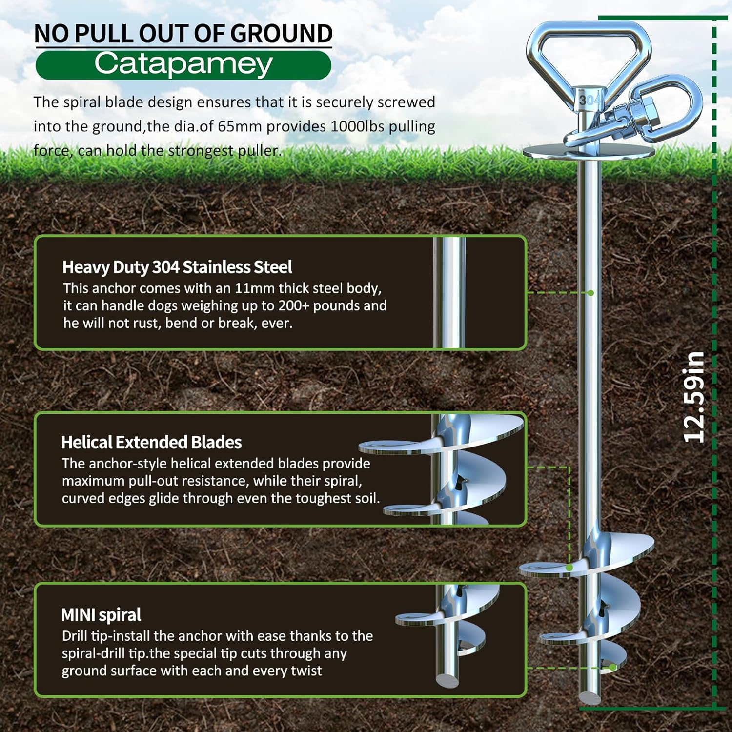 Dog Tie Out Cable and Stake,(Up to 200Lbs) 360&deg; Swivel Dog Run Anchor -With 15FT Heavy Duty Cable,Runner for Yard-Dog Stake for Yard Outdoor Camping image number 5