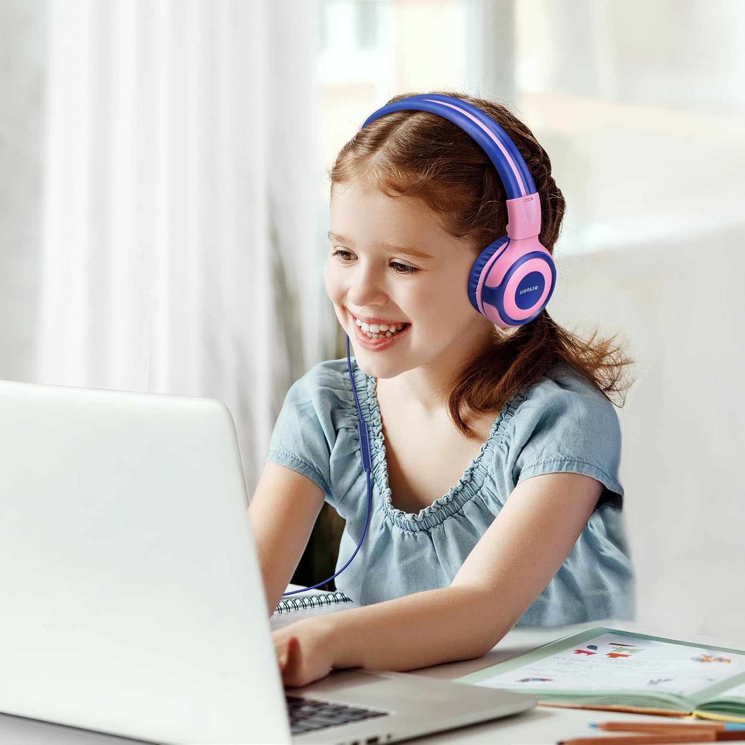 2 Pack of SIMOLIO Kids Headphone with Mic, Safe for Kids with Volume Limited, Wired Headphones for Girls,Boys,On-Ear Kids Headphones for School,Travel (Mint,Pink) image number 1