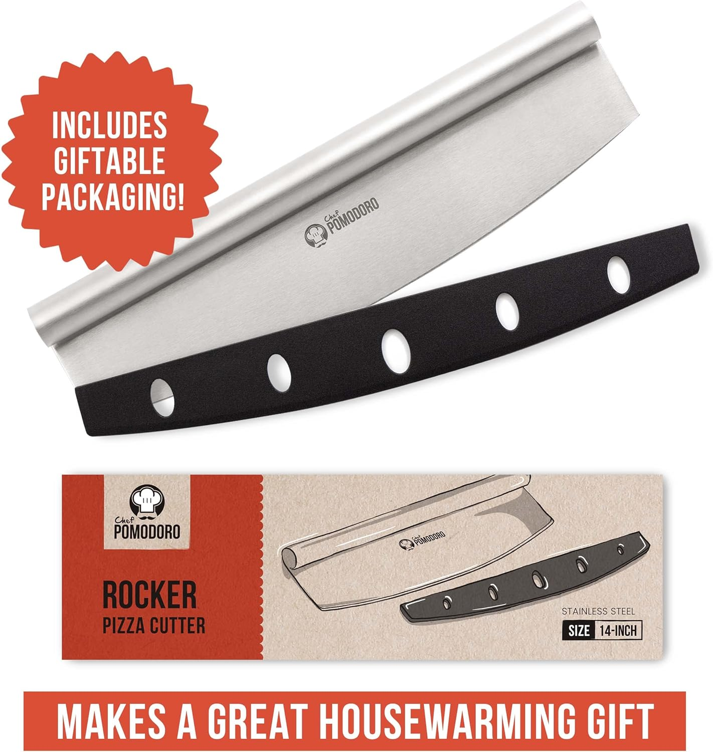 Chef Pomodoro Pizza Cutter Rocker Knife with Protective Cover, Multipurpose 14 Inch Mezzaluna Chopper with Super Sharp Stainless Steel Blade, Blade Cover, Premium Pizza Accessories Dishwasher Safe image number 5