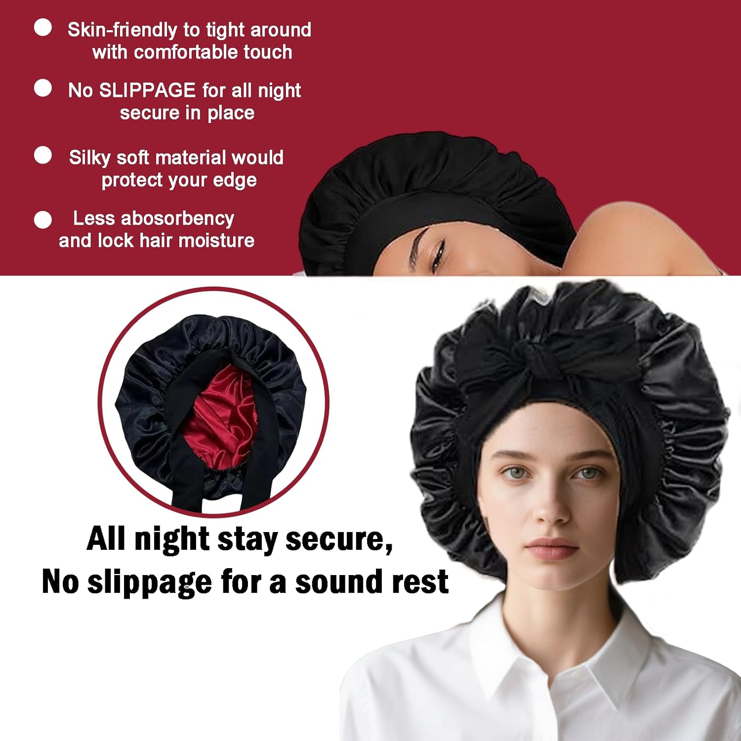 Silk Hair Bonnet, Silk Hair Bonnet for Sleeping, Double Moisture Curly Anti-Frizzy, Large Night Sleep Shower Cap, Adjustable Tie Band Shower Cap for Women