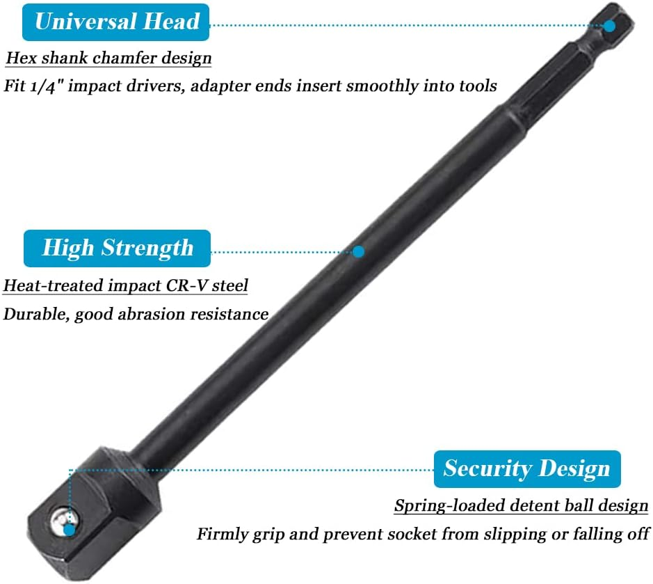 Bestgle 3 Pcs Long Impact Grade Socket Adapter, 150Mm Impact Wrench Socket Extension Bar 1/4 Inch Hex Shank to Square Socket Drill Bits 1/4" 3/8" 1/2" Square Drive for Power Drills & Impact Drivers image number 6