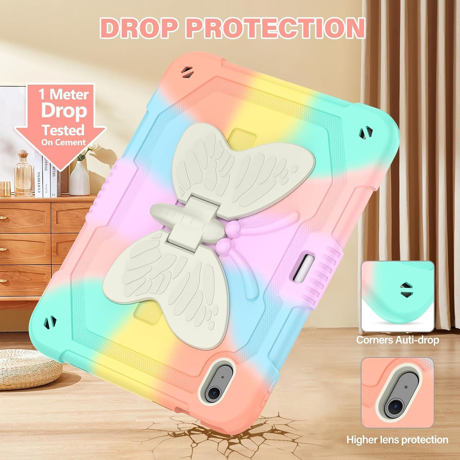 AVAKOT Ipad Air 11 Inch Case 2024 with Butterfly Wings Kickstand Pencil Holder, Ipad Air 6Th Generation 11 Inch Case Kids Girls Heavy Duty Hard Rugged Protective Cover for Ipad A2899/A2900-Rainbow image number 6