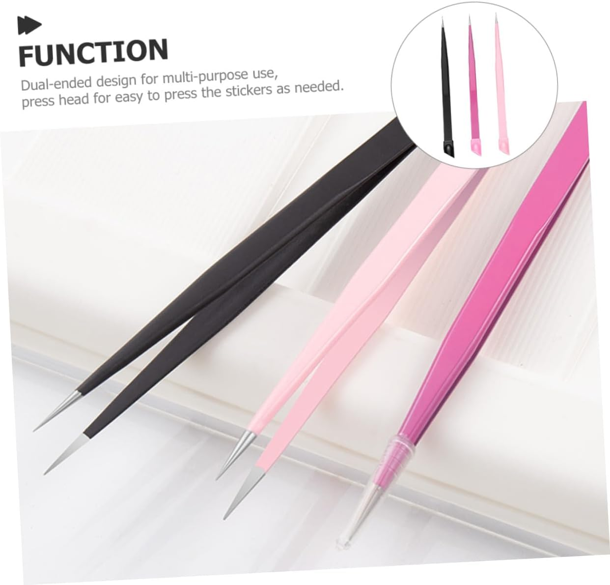 GRADENEVE 3Pcs Double-Ended Nail Picker Tweezers with Pressing Head for Nail Art Sticker Picking Eyelash Extensions Stainless Steel Crafting Tool Kit Pink Black Rose Red