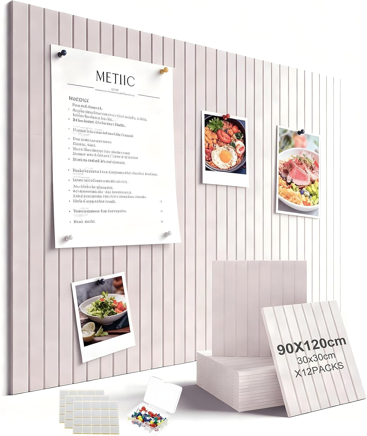 Large Cork Boards for Walls Alternative, 12 Pack with 60 Safe Removable Adhesive Tabs, 35 Pushpins, 120X90Cm Slat Wall Paneling for Walls Cork Board, Room Decor Home Office Classroom Pin Board (Black)