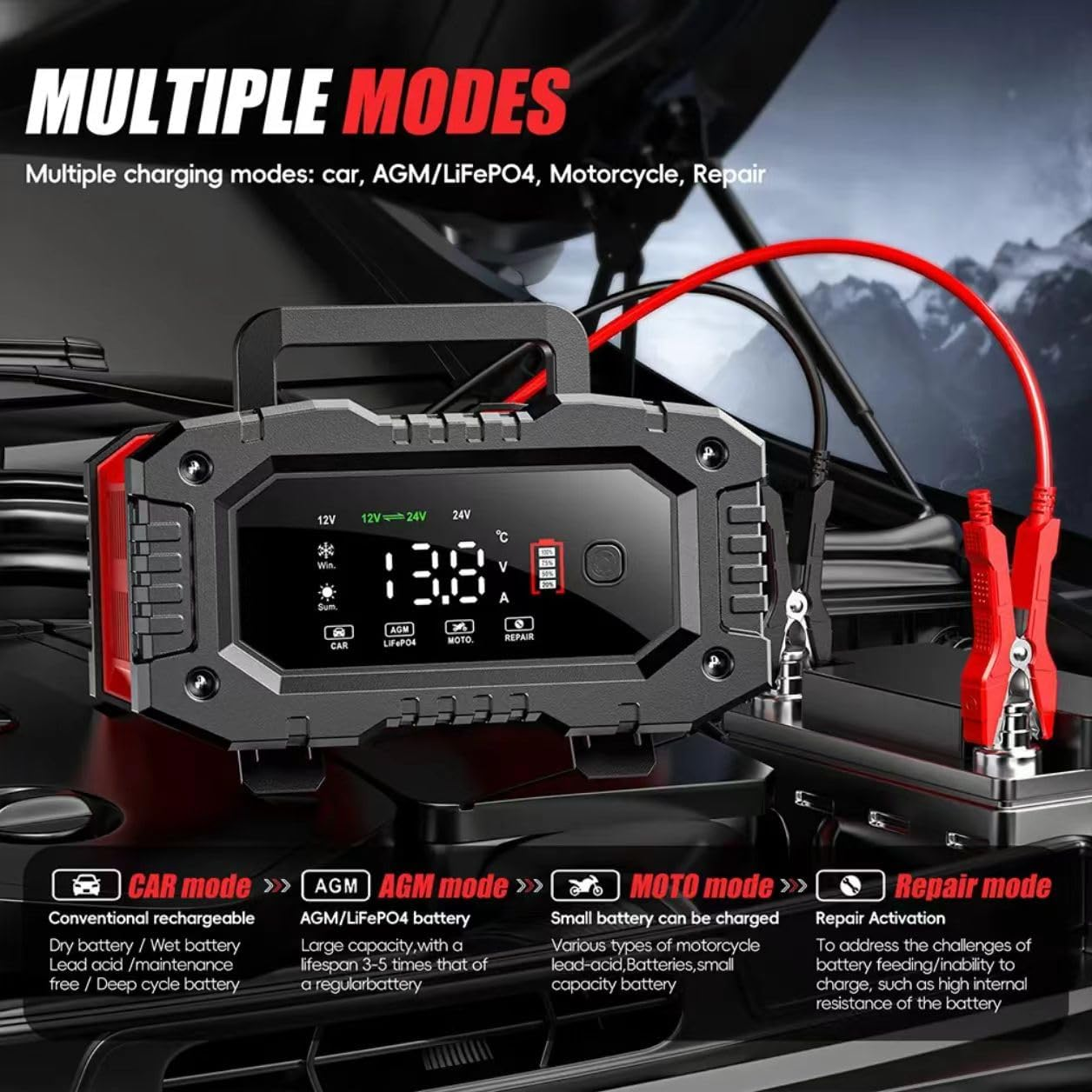 Smart Car Battery Charger AU Plug for 12V 20A / 24V 10A Motorcycle Truck Lawn Mower Lead Acid AGM Gel Lifepo4 Batteries Tender Automotive Fast Pulse Repair Trickle Chargers Maintainer image number 3