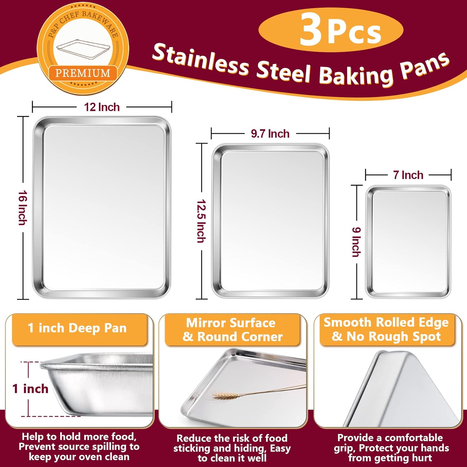 P&P Chef Baking Sheet and Rack Set, 6 Pack (3 Sheets + 3 Racks), 3 Sizes Stainless Steel Baking Pans Cookie Sheets with Cooling Racks for Cooking & Roasting, Oven & Dishwasher Safe, Healthy & Durable image number 3