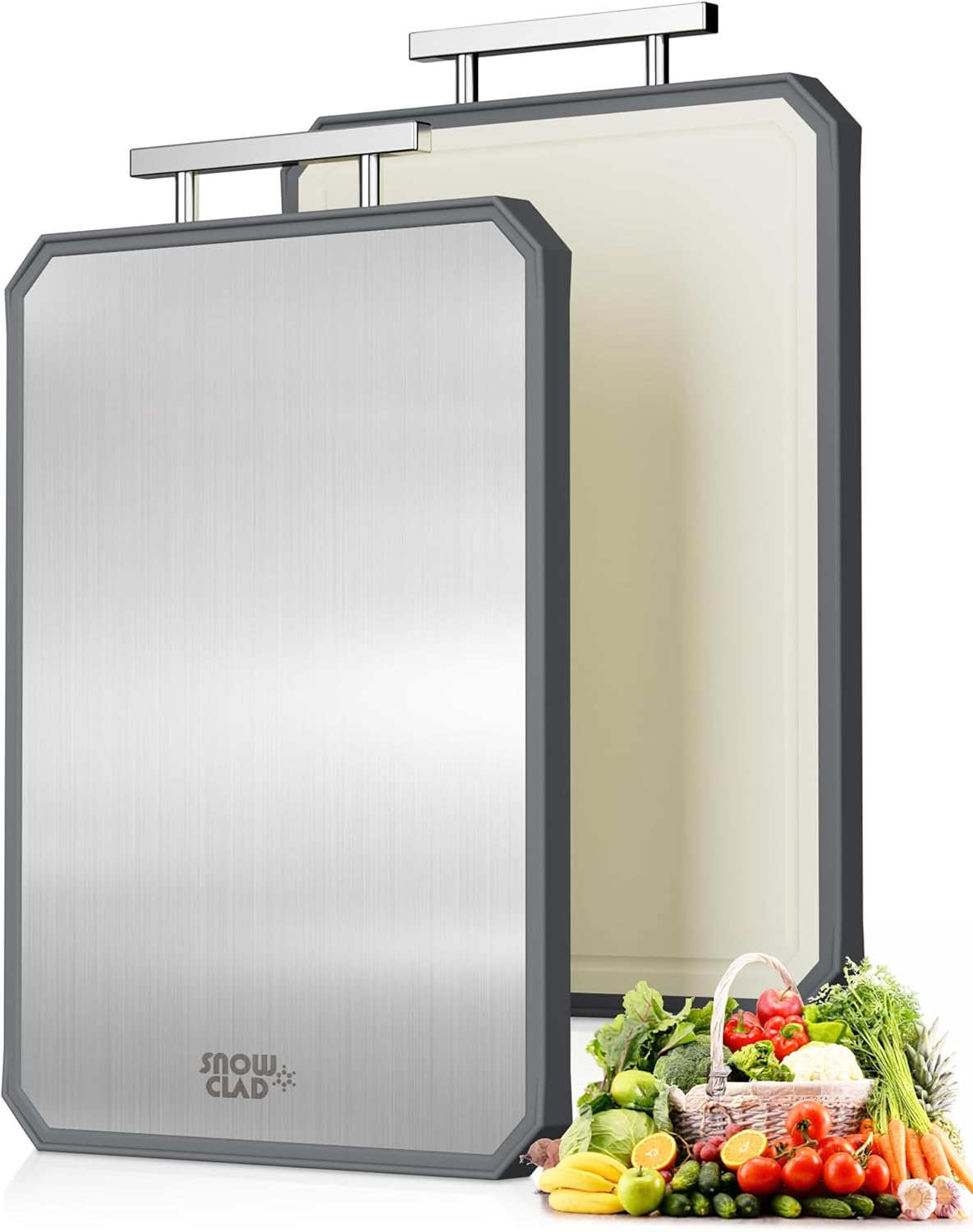 SNOWCLAD Stainless Steel/Wheat Straw Pp Large Cutting Board, 13"L X 10"W, Brown and Silver, Double Sided, Juice Groove, Non-Slip Handle, Dishwasher Safe, Non-Toxic, for Meat, Veggies, Fruits