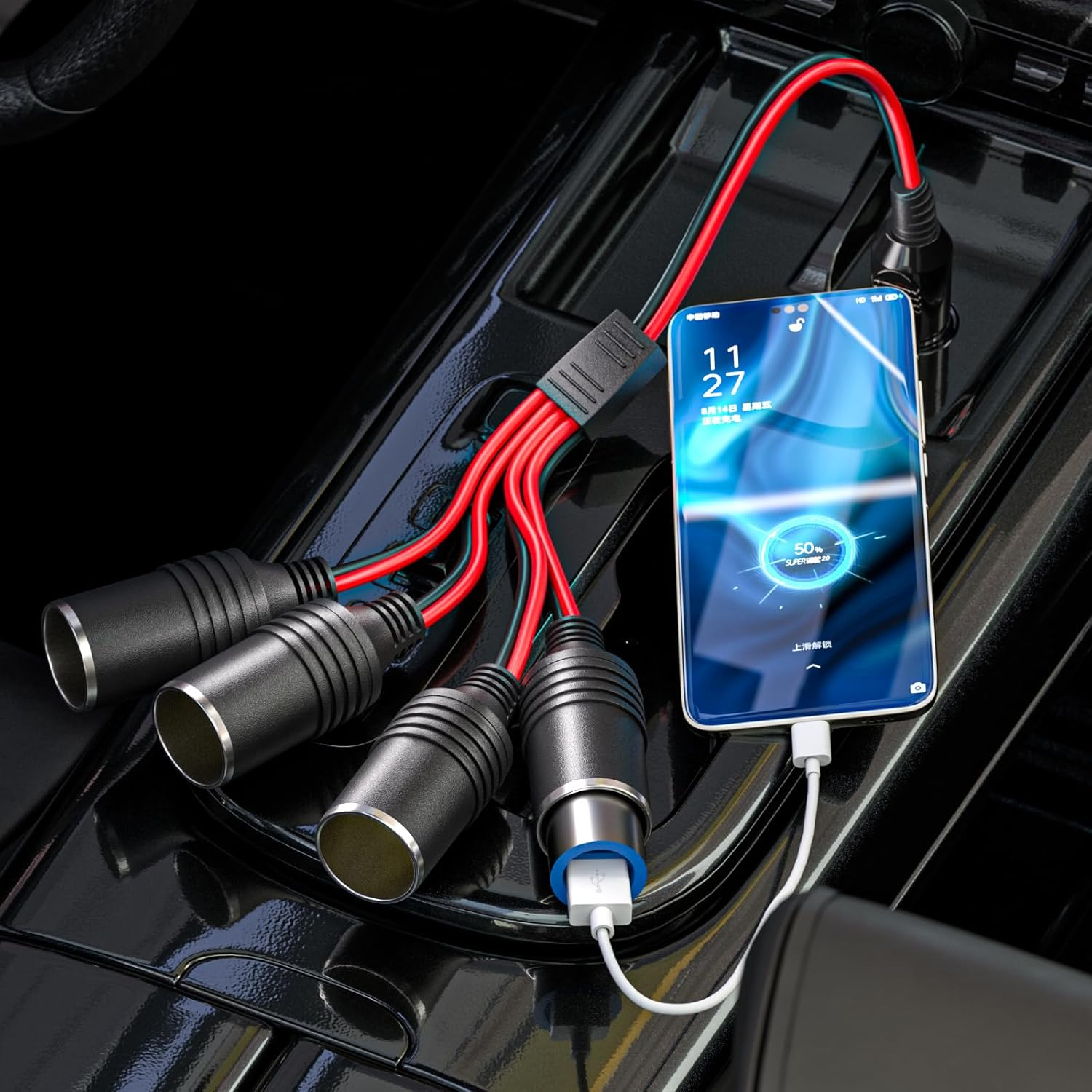 Goupchn Car Cigarette Lighter Splitter 1 to 4 12V 24V Power Charger 4 Way Socket Splitter Cigarette Lighter Extension Cord Cable image number 3