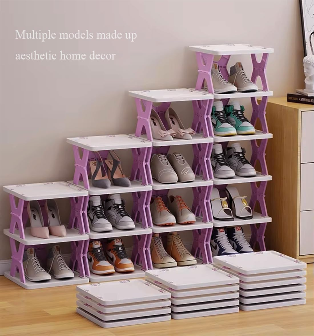 Foldable Vertical Shoe Rack, X-Design Tall Shoes Organiser for Narrow Space, Corner Shelf for Single Dormitory or Small Room (Purple, 6 Tier) image number 5