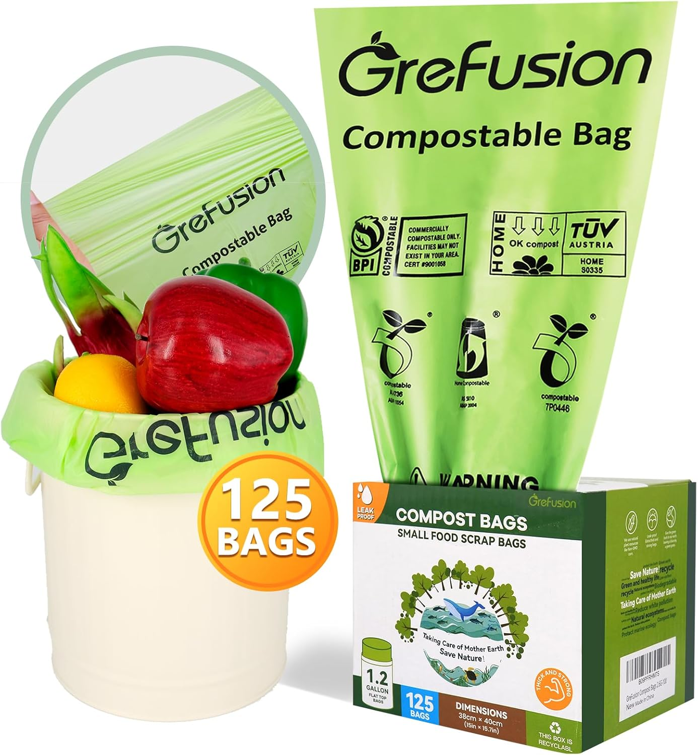 Grefusion Compostable Trash Bags for Kitchen Bin 1.2 Gallon, 125 Count, Small Food Scrap Waste Bags for Countertop Bin, BPI, ASTM D6400 and OK Compost Certified