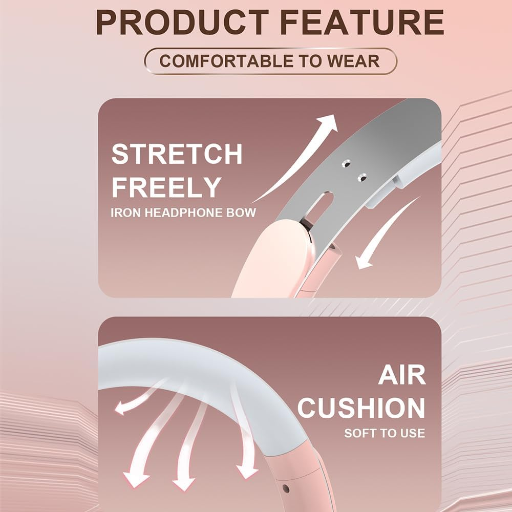 AYI Premium Active Noise Cancellation Bluetooth Headset over Ear Headphones with Detachable Microphone Hifi Stereo Sound Rechargeable Game Headphone Compatible with Smartphone/Tv/Pad/Laptop-Pink - Headset M12 Pink image number 5