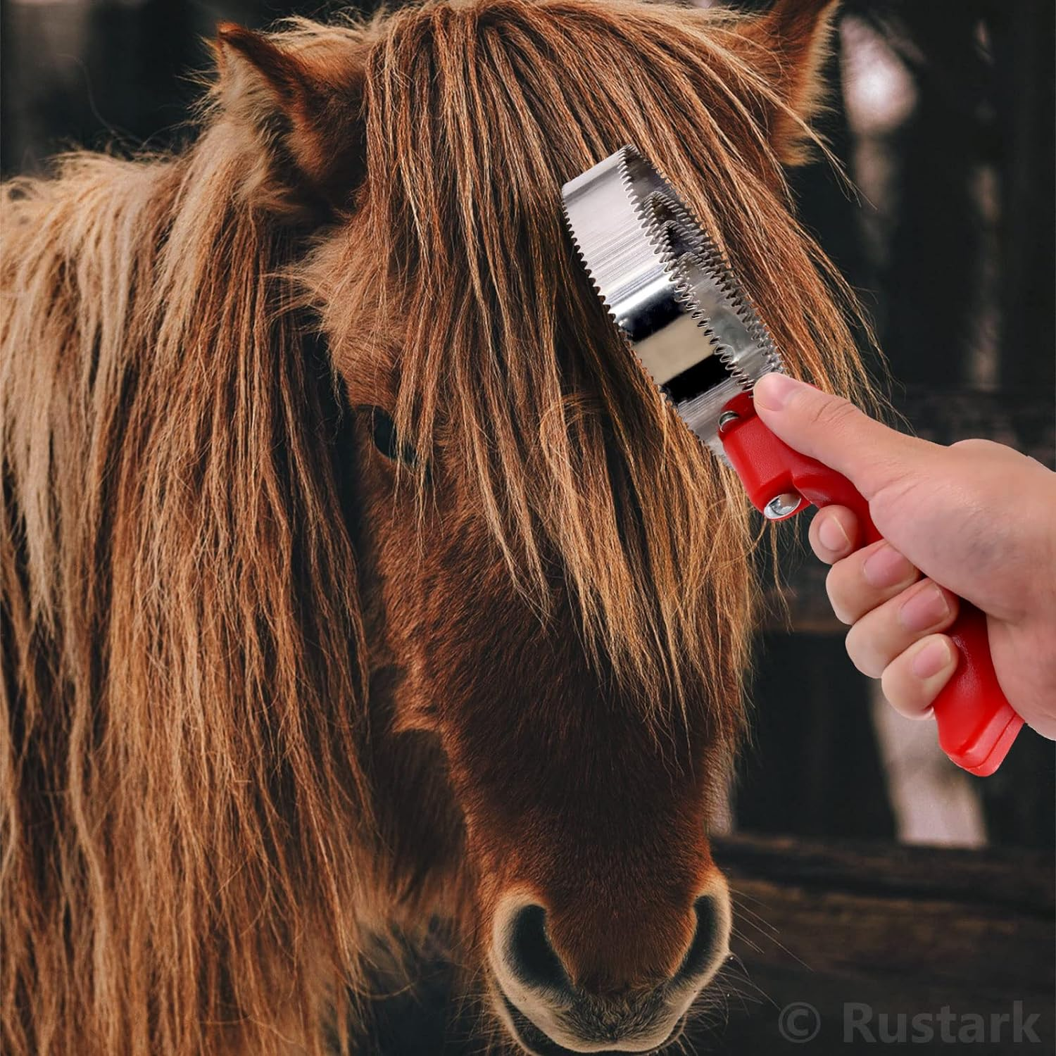 Rustark 3Pcs Reversible Stainless Steel Curry Grooming Set with 4 Rings: Large Rubber Comb, Scotch Type Comb, Metal Brush for Cows, Sheep, Dogs, Goats, Horses image number 6