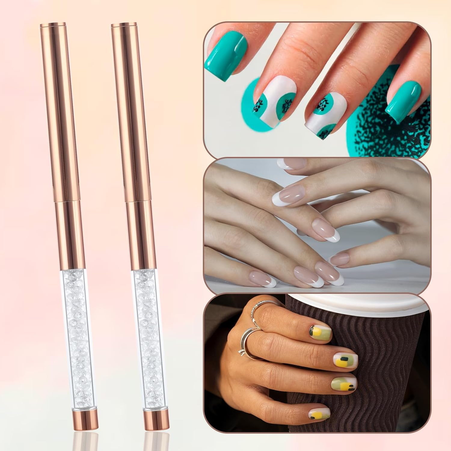 Larrel Pack of 2 Gel Brushes for Nails, Flat Nail Brushes with Lid, Rose Gold Nail Art Brush, Gel Brush, Nail Brush, UV Rhinestone Handle, Painting Brush, Gel Nail Art Brush for Nail Design, Nail Art image number 4