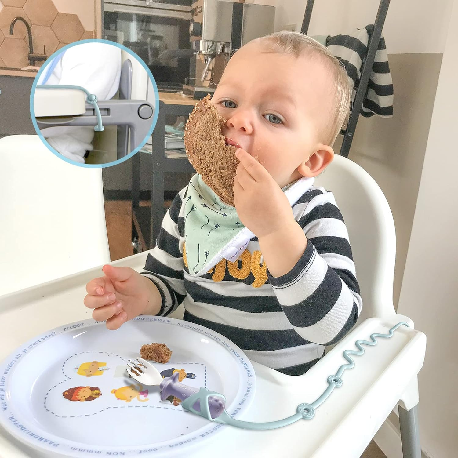 Baby Spoons Self Feeding 6+ Months Holder Strap Highchair Accessories- Feeding Aid for Keep Spoon and Forks Set Close at Hand and off the Ground(Green)-No Spoon