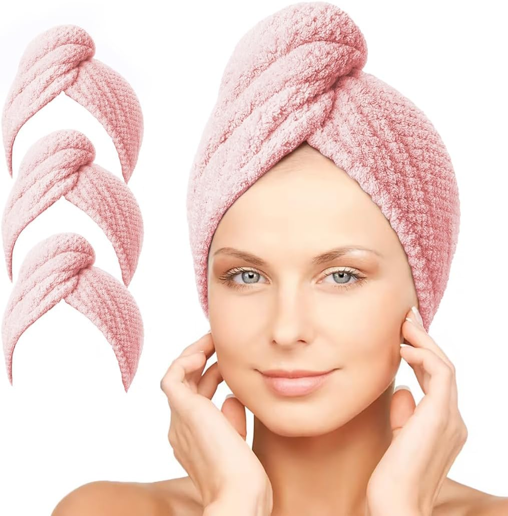 Hair Towels Wrap, Microfiber Super Absorbent Quick Drying Hair Turban, 10" X 26",3 Pack Beige - Light Blue image number 3