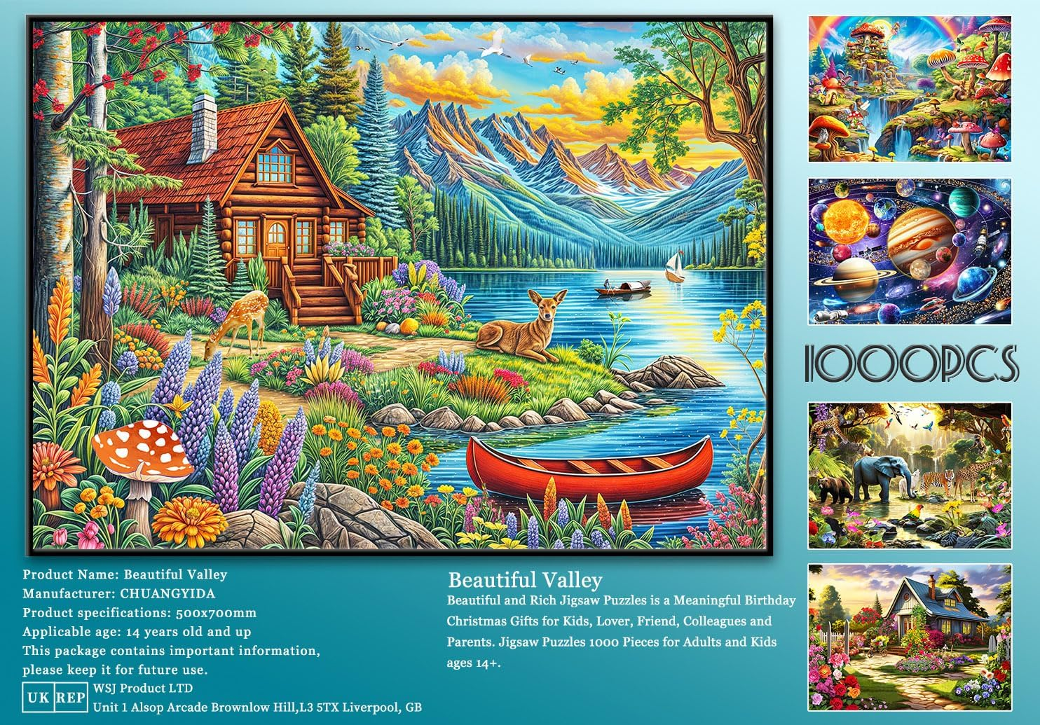 Jigsaw Puzzles for Adults 1000 Pieces, Interlock Perfectly Letter on Back No Dust, Home Decor Birthday Gift Toy for Men Women Elders Seniors, 1:1 Poster -Beautiful Valley image number 2