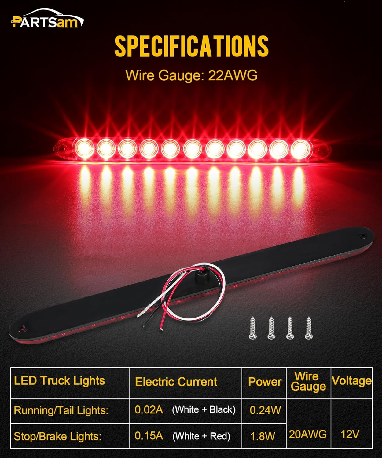 Partsam 4Pcs Red 15" Inch Sealed 11 LED Third Brake Light Bar Stop Turn Signal Tail 3Rd Brake Light ID Bar Truck Trailer RV Camper Waterproof DOT Compliant image number 6