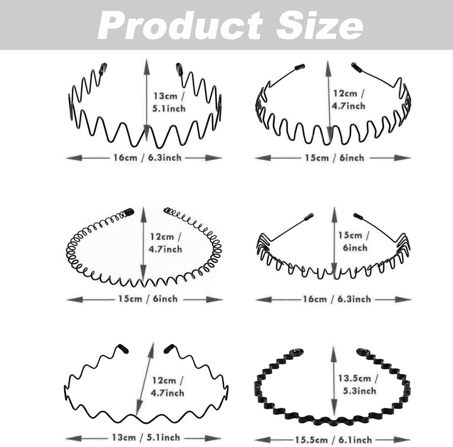 6 Pcs Metal Hair Bands, Spring Wavy Hoop Unisex Black Headband Slicked Back Non Slip Sports Hairband for Women Men, Elastic Non Slip Simple Headwear Accessories image number 5