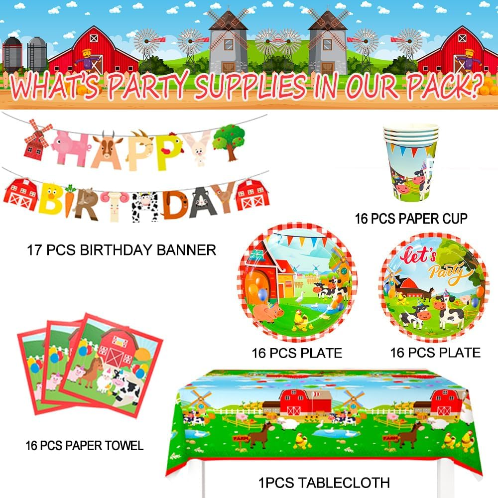 Farm House Fun Barnyard Animals Party Supplies,130Pcs Farm Theme Birthday Decorations Tableware Set-Farm Party Plates Cups Napkins Tablecloth Banner Etc Farm Birthday Party Supplies for Boys/Girls image number 4