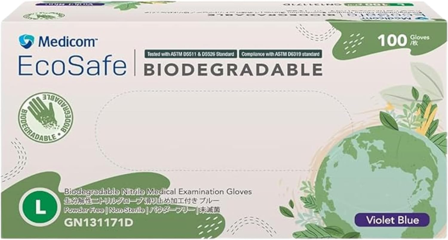 Medicom Ecosafe Biodegradable Nitrile Gloves &ndash; Medium &ndash; 100 Pack &ndash; Powder-Free, Latex-Free &ndash; Medical Grade &ndash; Perfect for Cleaning, Food Prep & Everyday Use