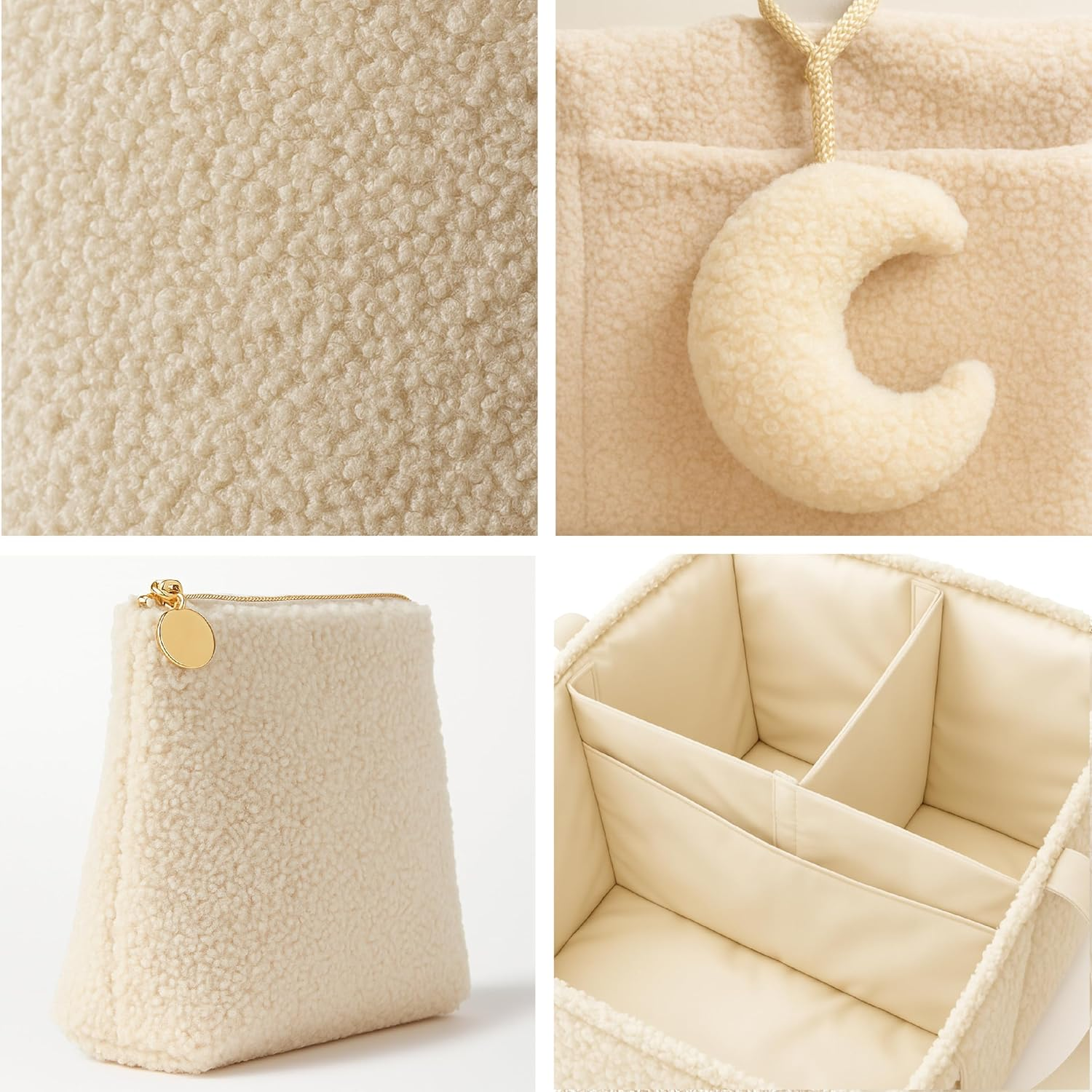 Orelle Sherpa Diaper Caddy Organizer with Matching Pouch | Portable Changing Table Organizer | Teddy Diaper Caddy | Baby Shower Gifts | Baby Organizers and Storage | Boucle Baby Basket | Cream image number 4