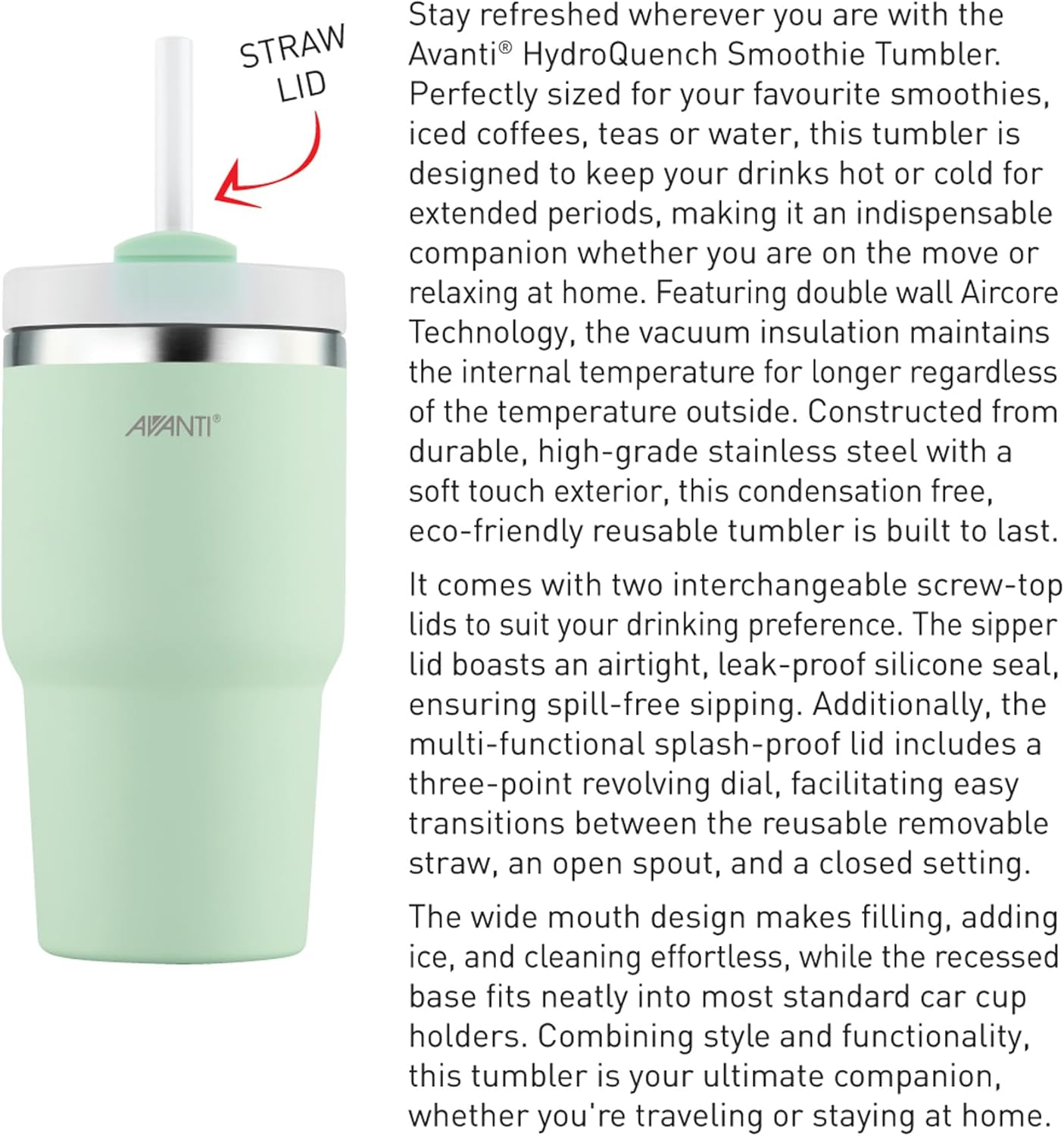 Avanti Hydroquench Stainless Steel Insulated Smoothie Tumbler with 2 Lids 550Ml, Soft Mint - Agave image number 3