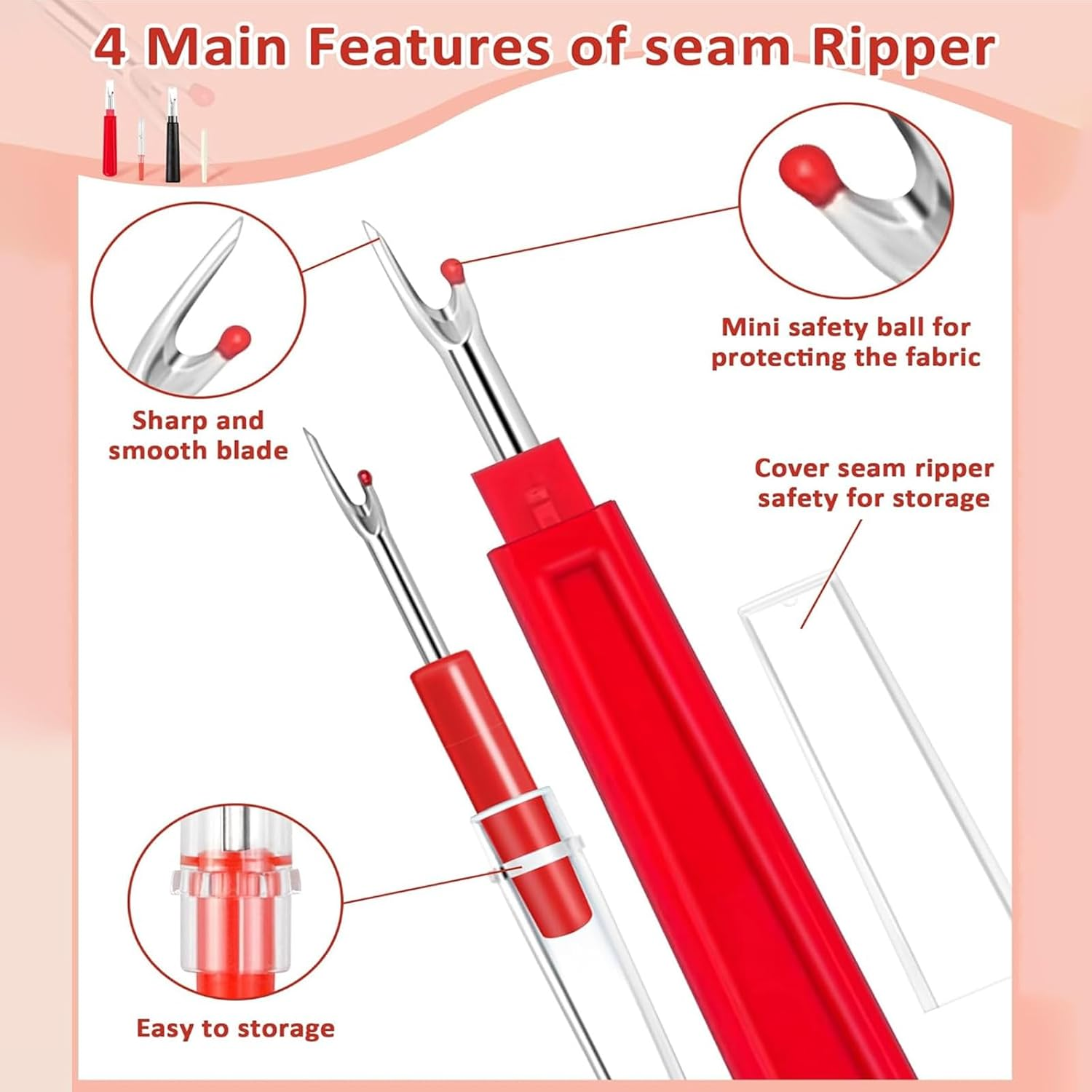 5 Pieces Seam Rippers for Sewing &ndash; 2 Big and 2 Small Stitch Remover Tools, Seam Ripper and Thread Remover Kit, Embroidery Removal Tool with Thread Snips image number 5