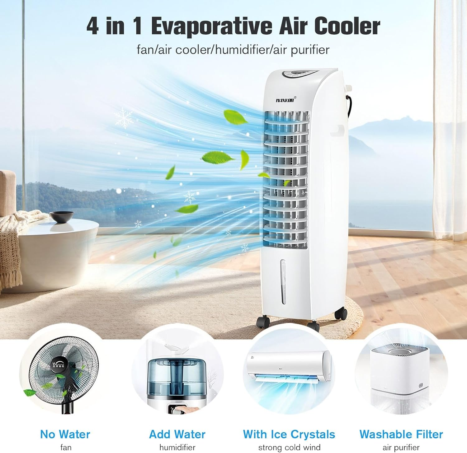 Maxkon Air Cooler Portable Evaporative Cooling Fan Purifier Humidifier 6L Water Tank 4 in 1 Swamp Home Room Ionizer Conditioner System image number 3