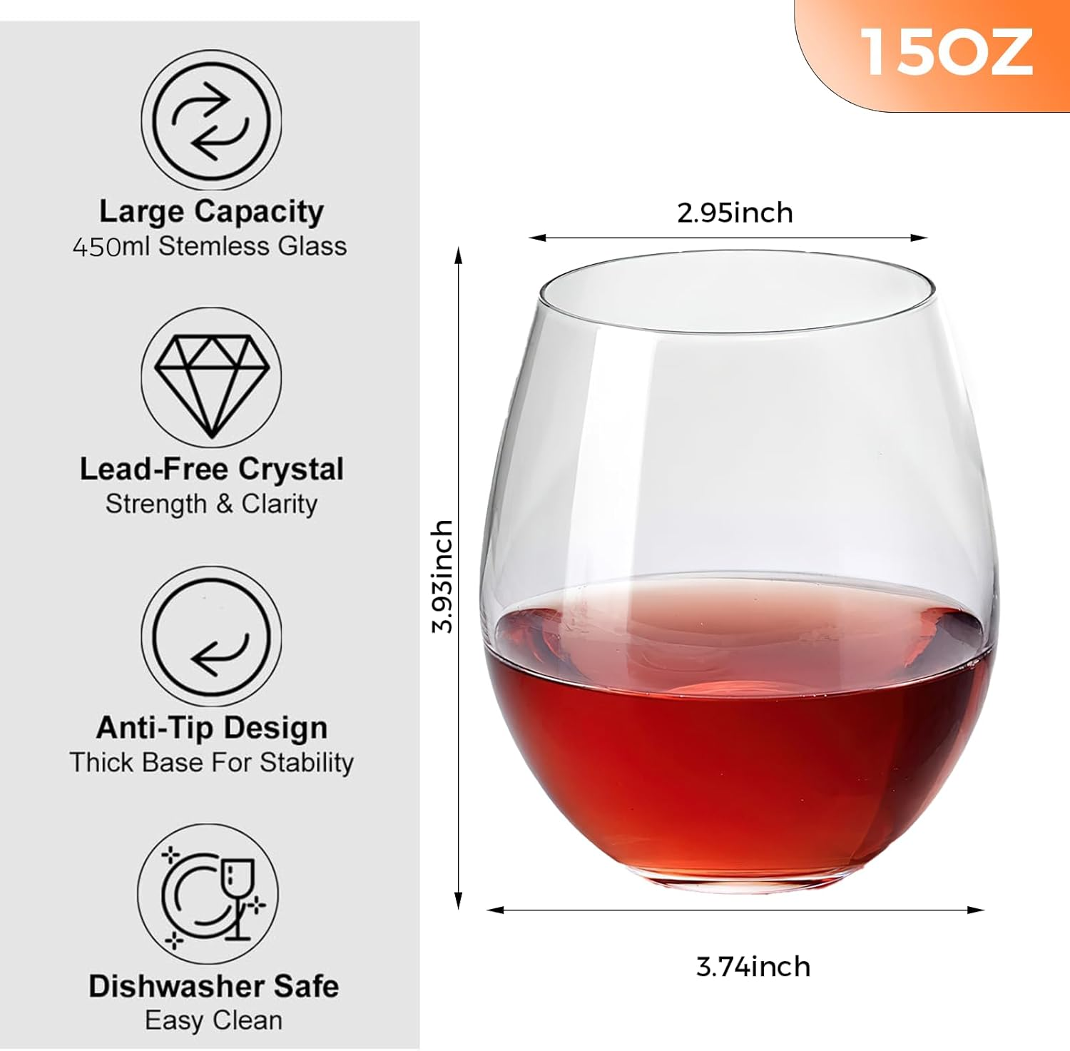 6-Pcs Set, 15 Ounces - Classic Handleless Glass. Lead Free Wine Glasses, Ideal Choice for Wine, Kitchen Glassware (6PCS) image number 2