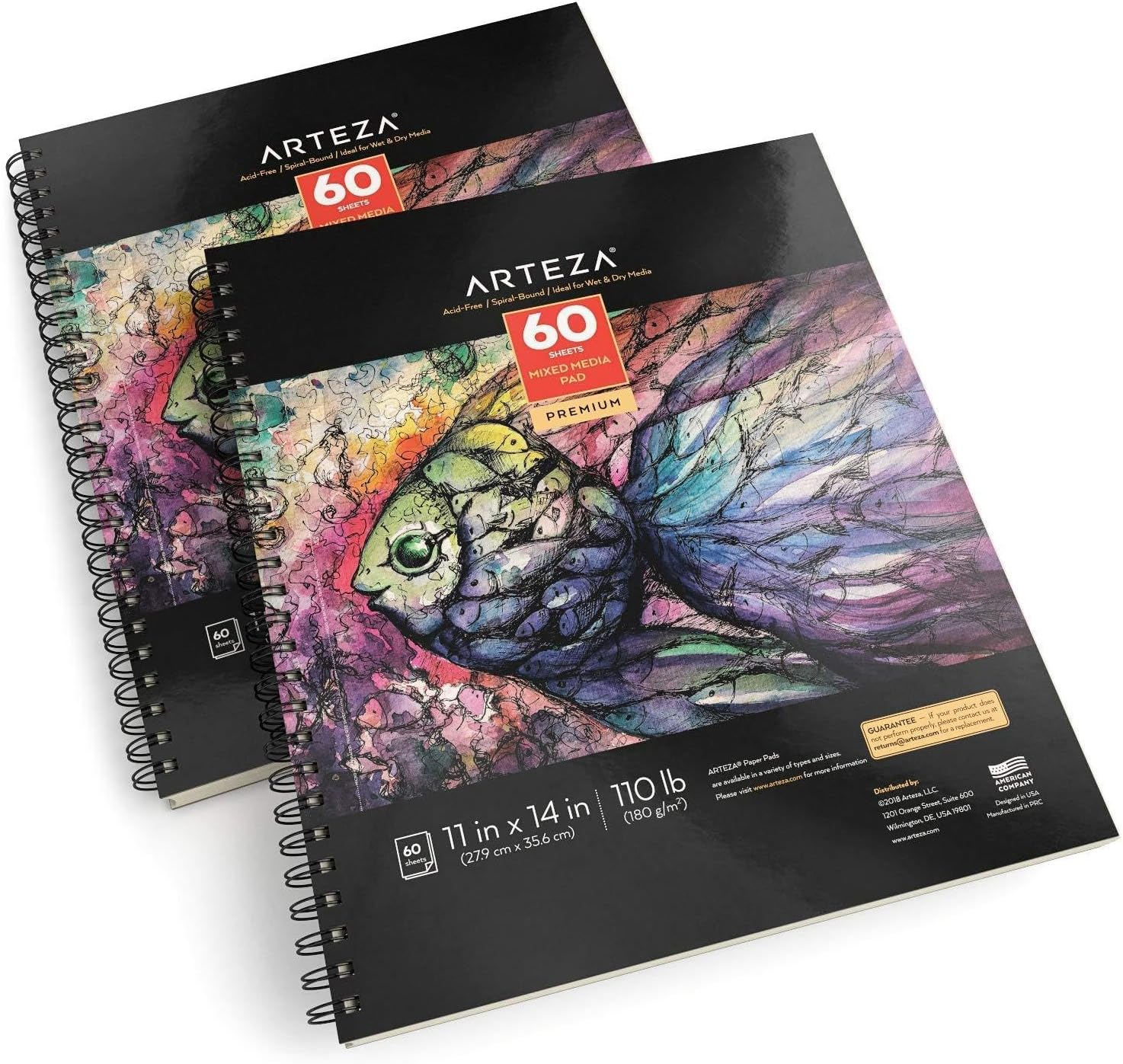 ARTEZA 11X14 Mixed Media Sketch Book, 2 Pack, 110Lb/180Gsm, 120 Sheets (Acid-Free, Micro-Perforated), Spiral-Bound Pad, Ideal for Wet and Dry Media, Sketching, Drawing, and Painting image number 1