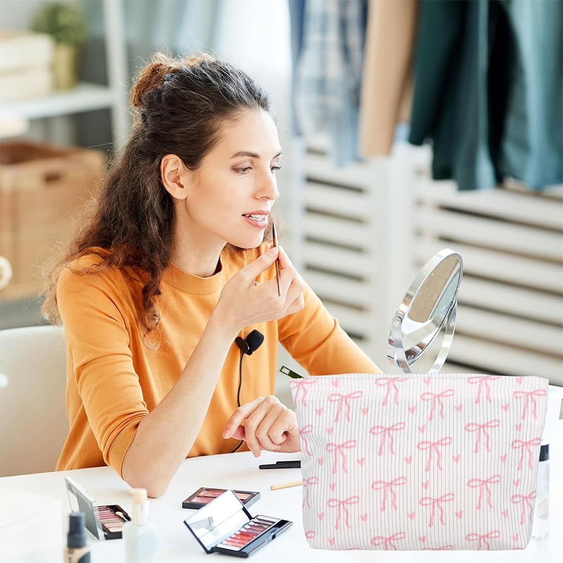 JYNVO Cosmetic Bag Small Bow Make up Bag Women Girls Makeup Bag Organiser for Travel Gift - Pink image number 3