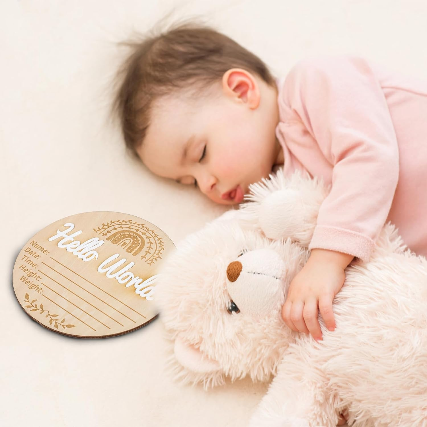 NQEUEPN Baby Announcement Sign, 5.91X5.91In Hello World Newborn Sign Wooden Baby Name Information Sign Birth Announcement Cards for Newborn Baby Wall Decoration Shower Nursery (Rainbow Pattern) image number 3