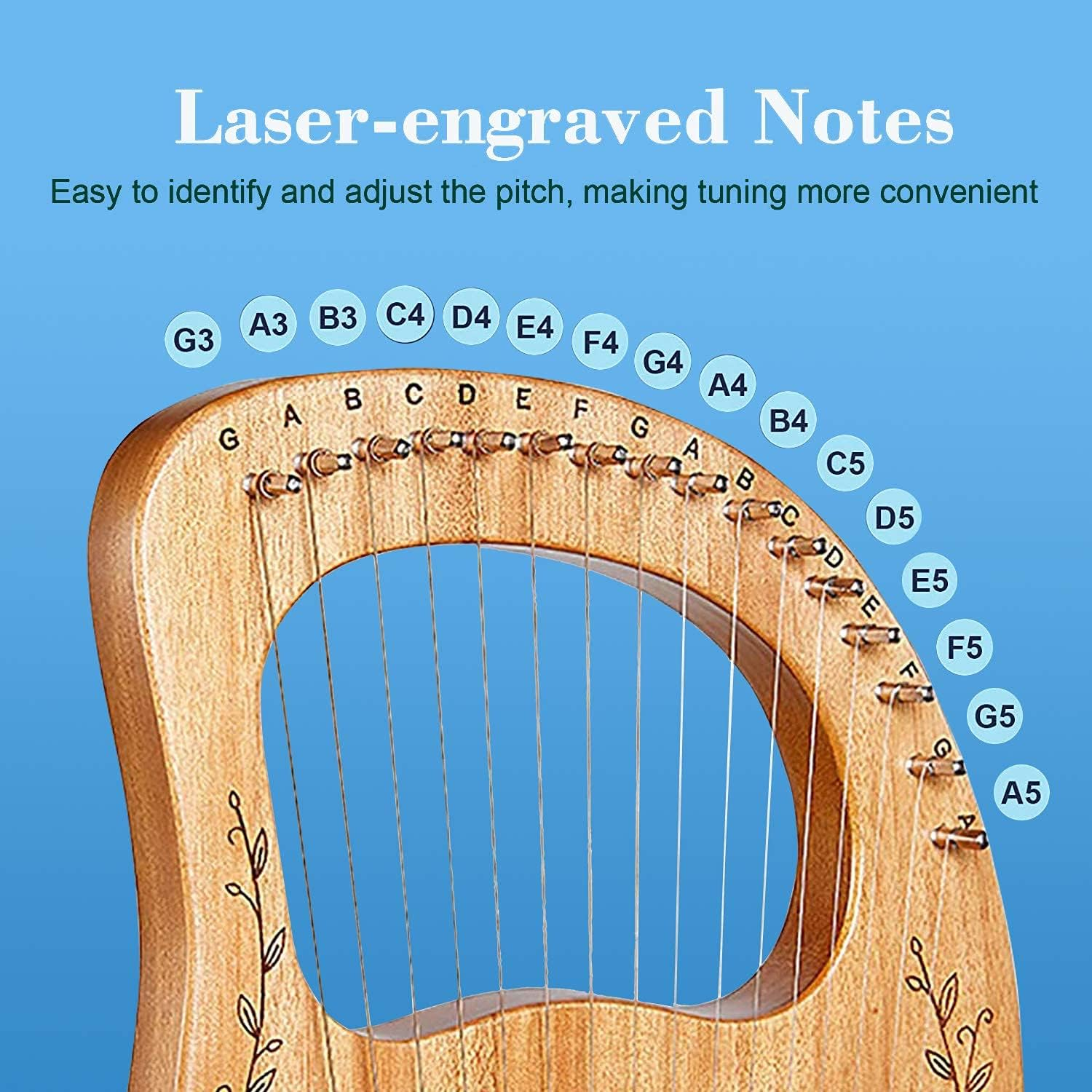 Lyre Harp, 16 Strings Mahogany Solid Wood Metal String Adult/Child Musical Instrument, with Tuning Wrench Pick, Black Gig Bag, and Music Tutorial for Beginner Instrument Lovers (Wood Color) image number 2