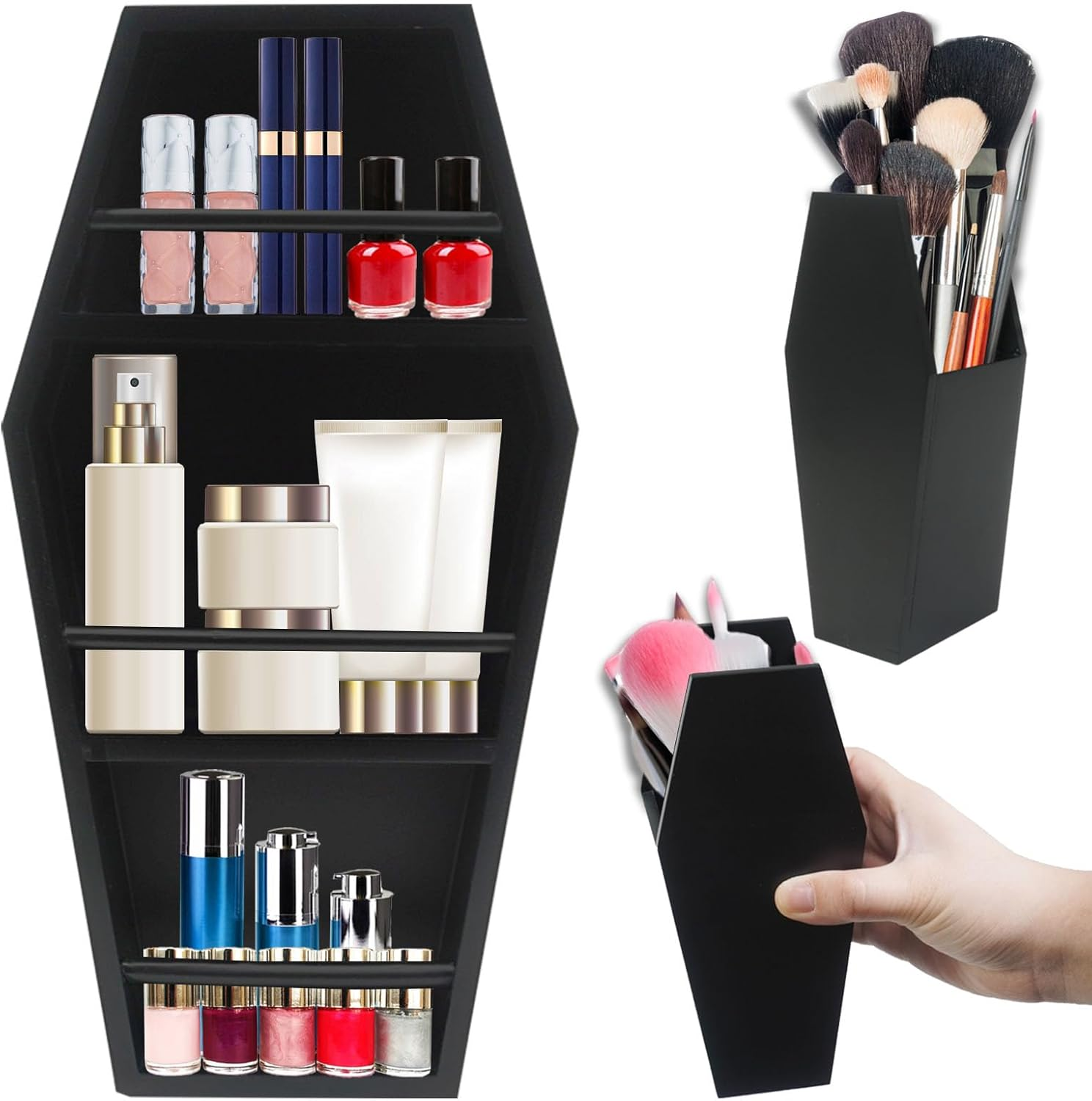 16In Makeup Coffin Shelf with 2 Coffin Brush Holder, Wooden Goth Decor for Display, Makeup Organizer Spooky Coffin Gothic Decor for Lipstick, Nail Polish or Makeup Brushes /34 image number 3