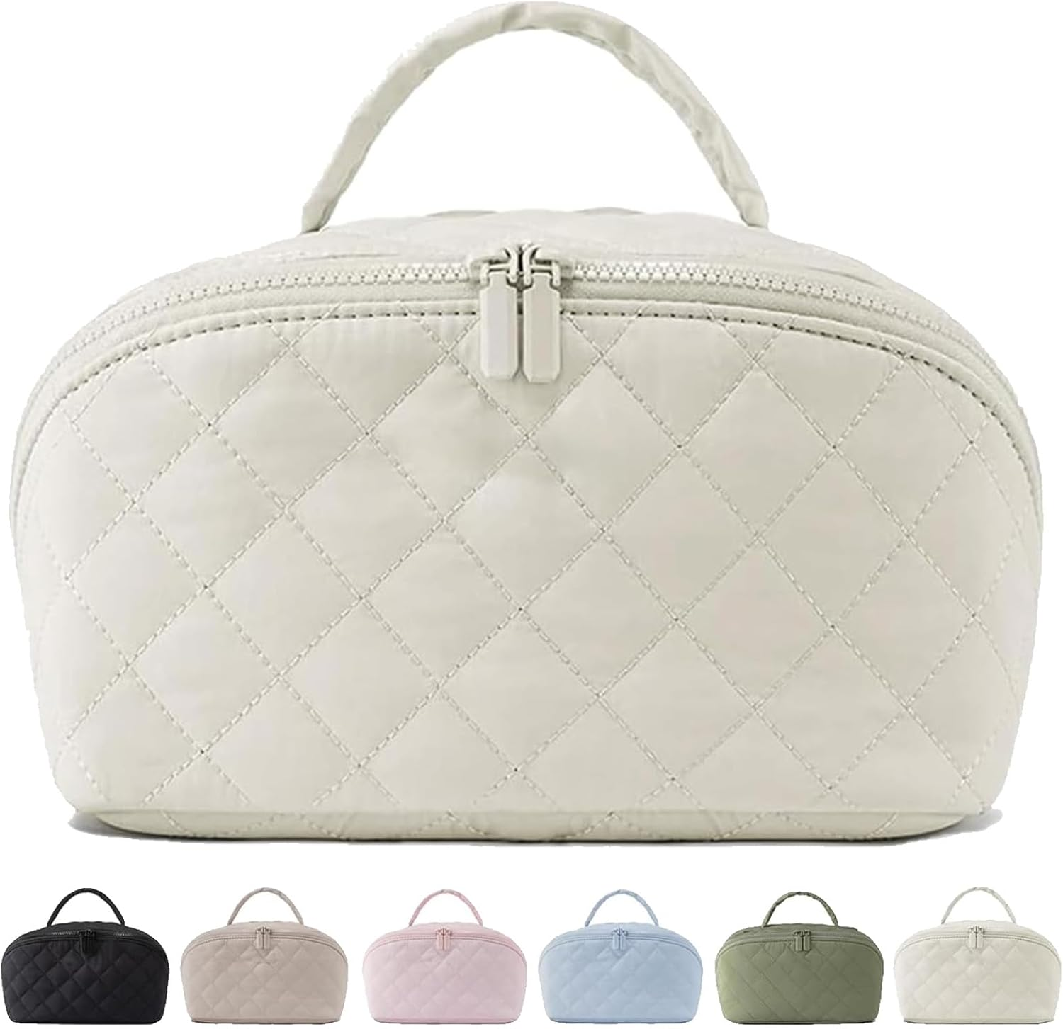 Petition Makeup Bag for Woman, Wide Open Lay-Flat Water-Resistant Cosmetic Case, Expandable Makeup Bag, Pouch Open Flat Small Toiletry Bags, with Brush Compartment, Handle (Blue)