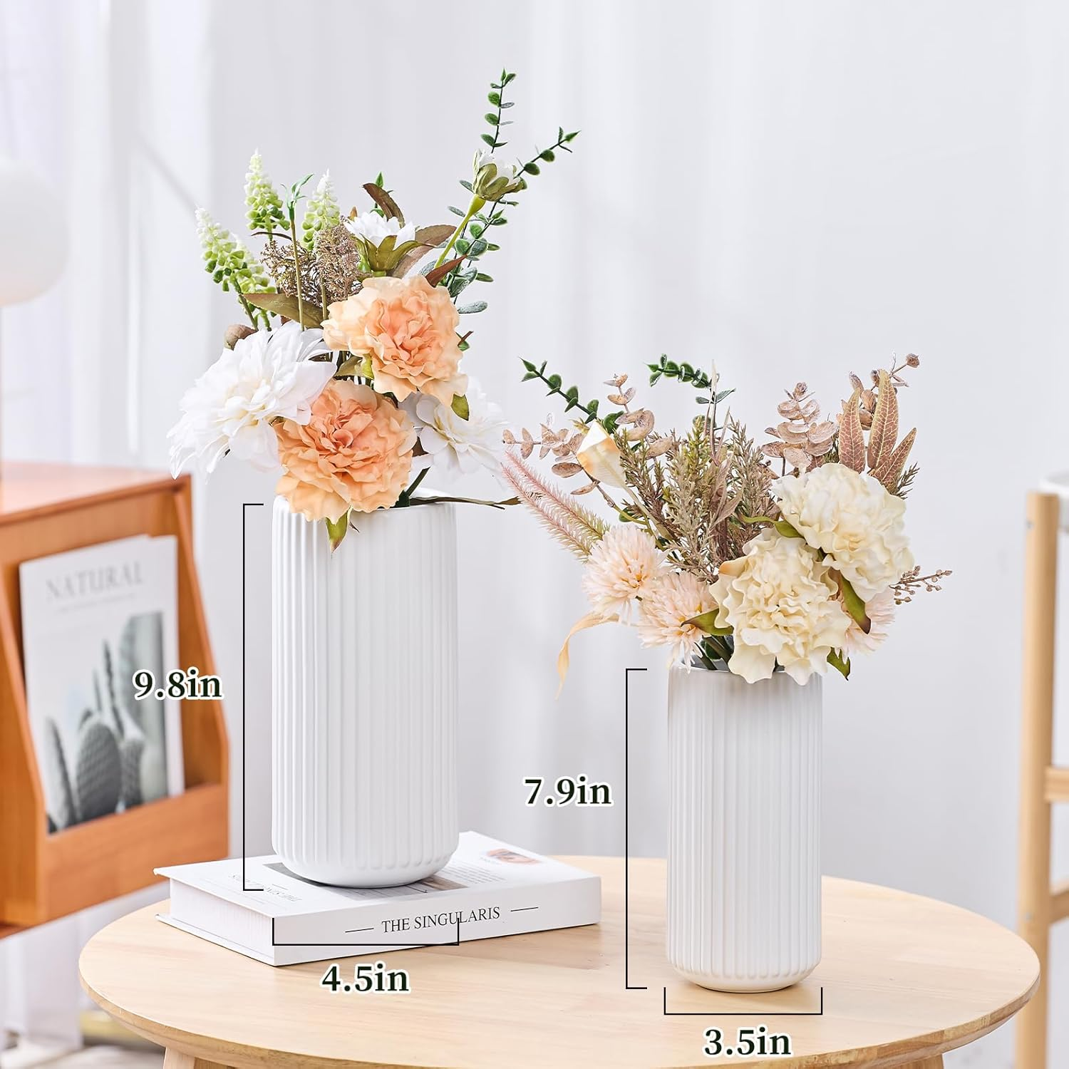 White Ceramic Flower Vase for Pampas Grass, 8 Inch Small Decorative Centerpiece Ribbed Vase for Dining Table, Office Desktop, Shelf Bookshelf, Mantel, Entryway, Bathroom, Countertop, Farmhouse, Gift image number 4