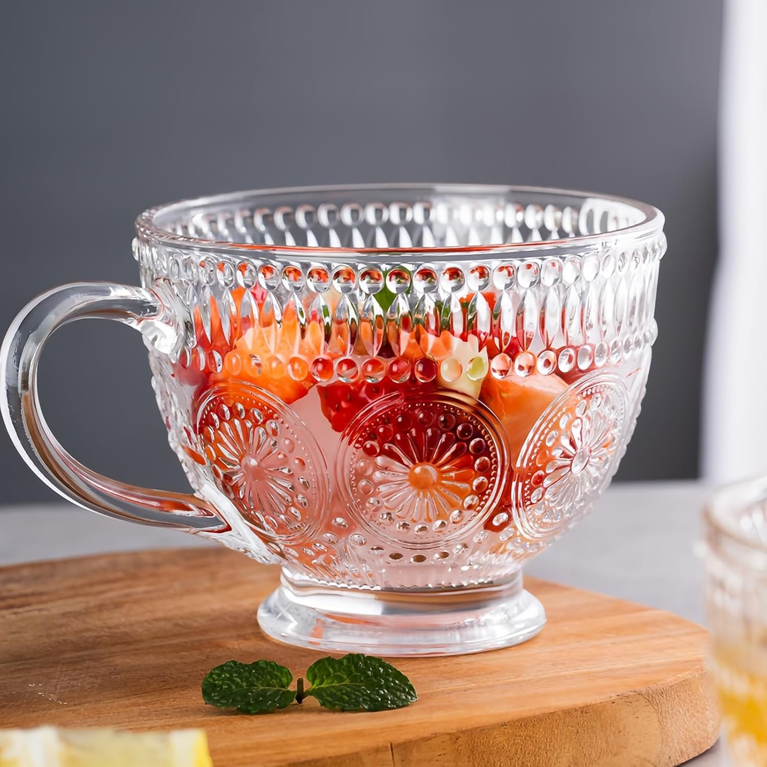 4PCS Vintage Glass Coffee Tea Mugs, 13.5 Oz Embossed Clear Glass Tea Set with Handle, Drinking Glassware for Latte, Cappuccino, Americano, Juice, Hot Drinks, Cold Drinks image number 3