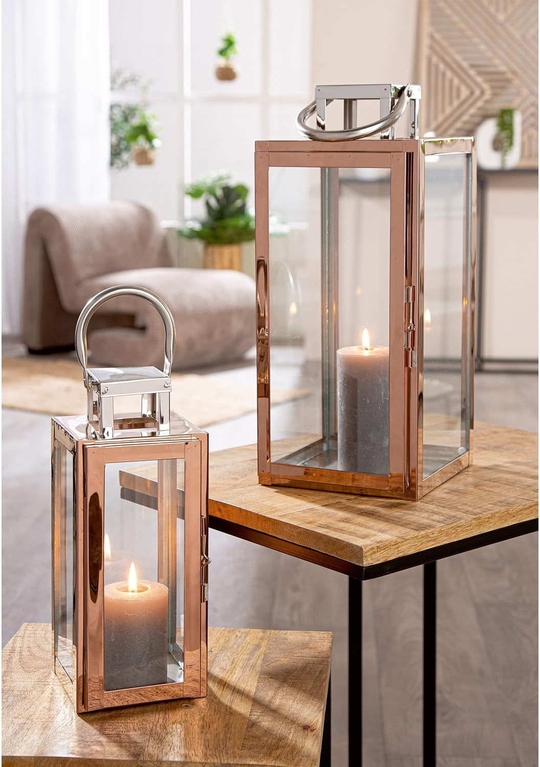 Casablanca Set of 2 Galano Lanterns Made of Stainless Steel and Glass - Rose Gold - Shiny - Height 38 Cm X Width 16 Cm - Candle Holder image number 4