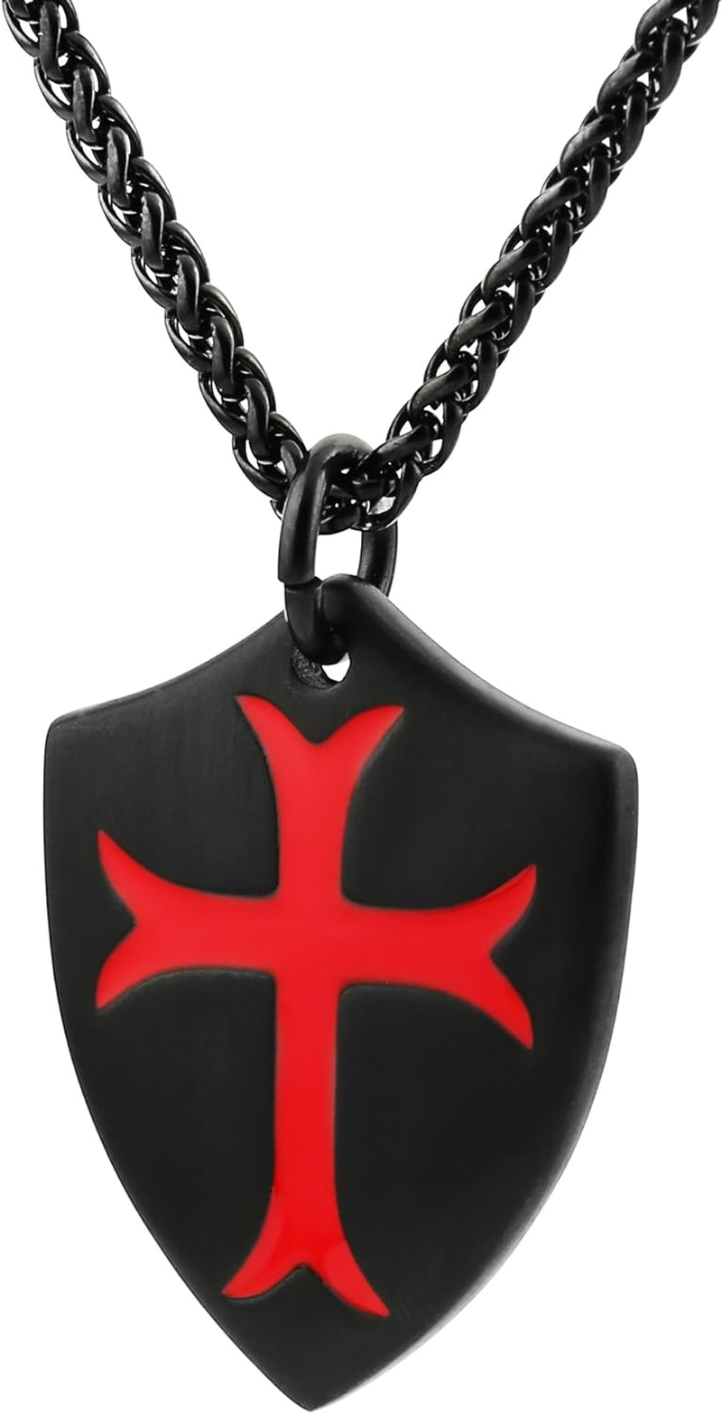 HZMAN Stainless Steel Knights Templar Cross Necklace Joshua 1:9 Shield Pendant with 22+2Inches Chain