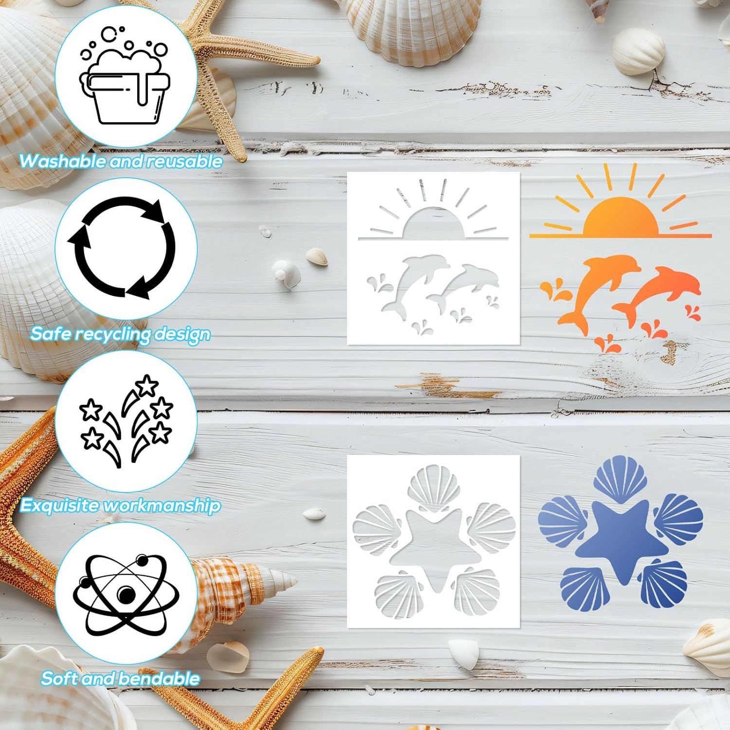 Tinoaly 24Pcs Summer Stencils for Painting, 8X8In Reusable Beach Ocean Themed Stencils with Coconut Watermelon Whale Tropical Styles for Wood Rock Canvas DIY Crafts image number 6