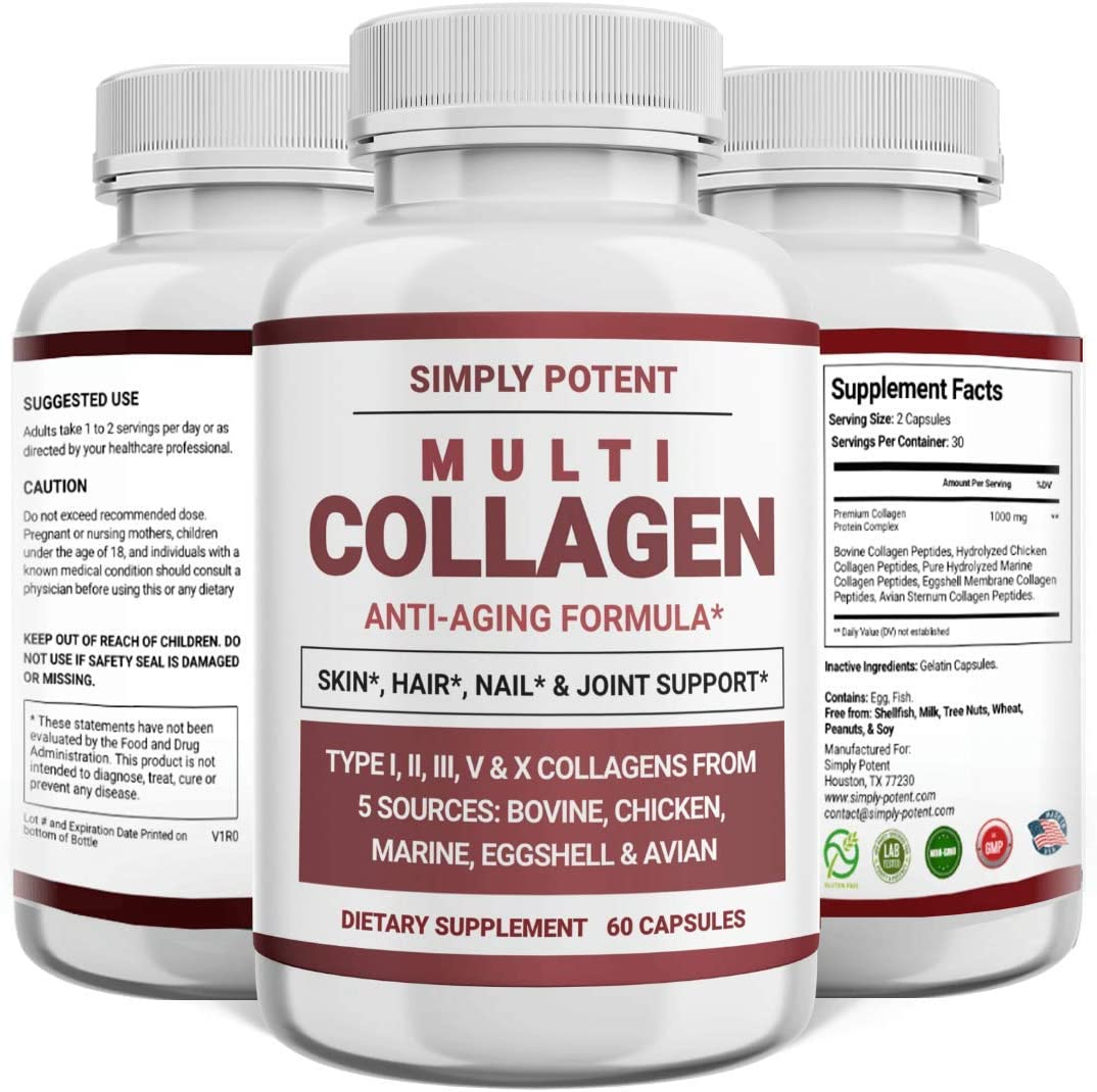 Simply Potent Multi Collagen Peptides Powder Pills, High Bioavailable Hydrolyzed Collagen Protein Supplement with 5 Collagen Types I, Ii, Iii, V, for Hair, Nail & Joint Support, 60 Count (Pack of 1) image number 1