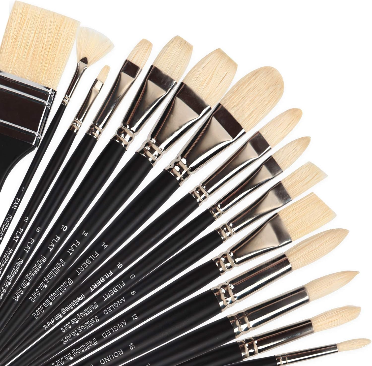 Natural Bristle Professional Paintbrushes Set | 15PCS Long Handled Paint Brushes for Acrylic Painting | Oil Paint Brushes of Fan, Round, Flat, Angled, Filbert, and Chip Tips with Bamboo Storage Pouch