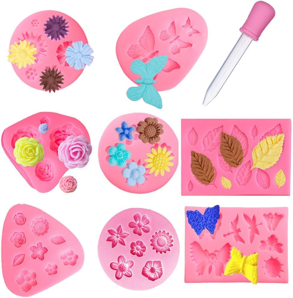 8 Pcs Fondant Silicone Molds Set, Esforzarse Mini Flower Butterfly Molds Leaf Molds, Rose Butterfly Daisy Rose Leaf DIY for Chocolate Candy Dessert Cake Decorating(Pink) image number 2